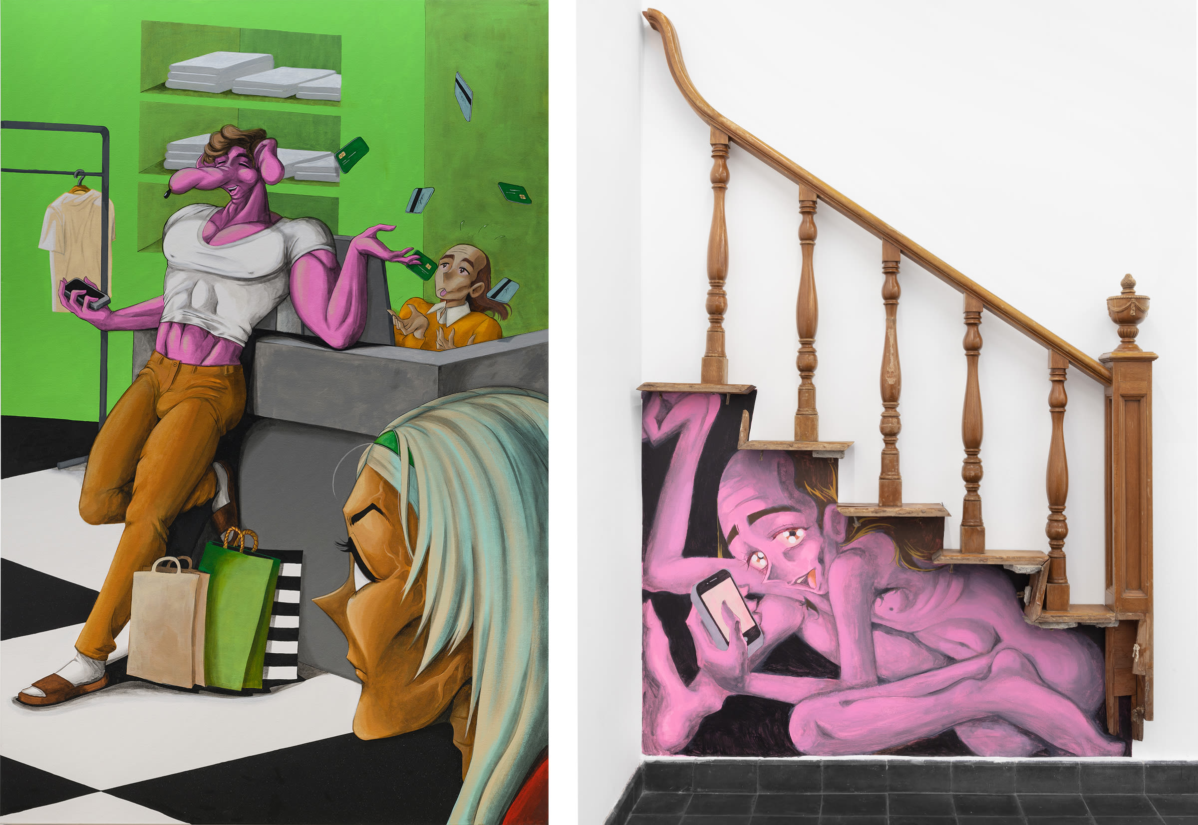 Left: An Obnoxious Customer, 2021. Courtesy of the artist and Lomex. Right: Closet Under the Stairs, 2019. Photo by Omar Olguin. Courtesy of the artist and Gaga.