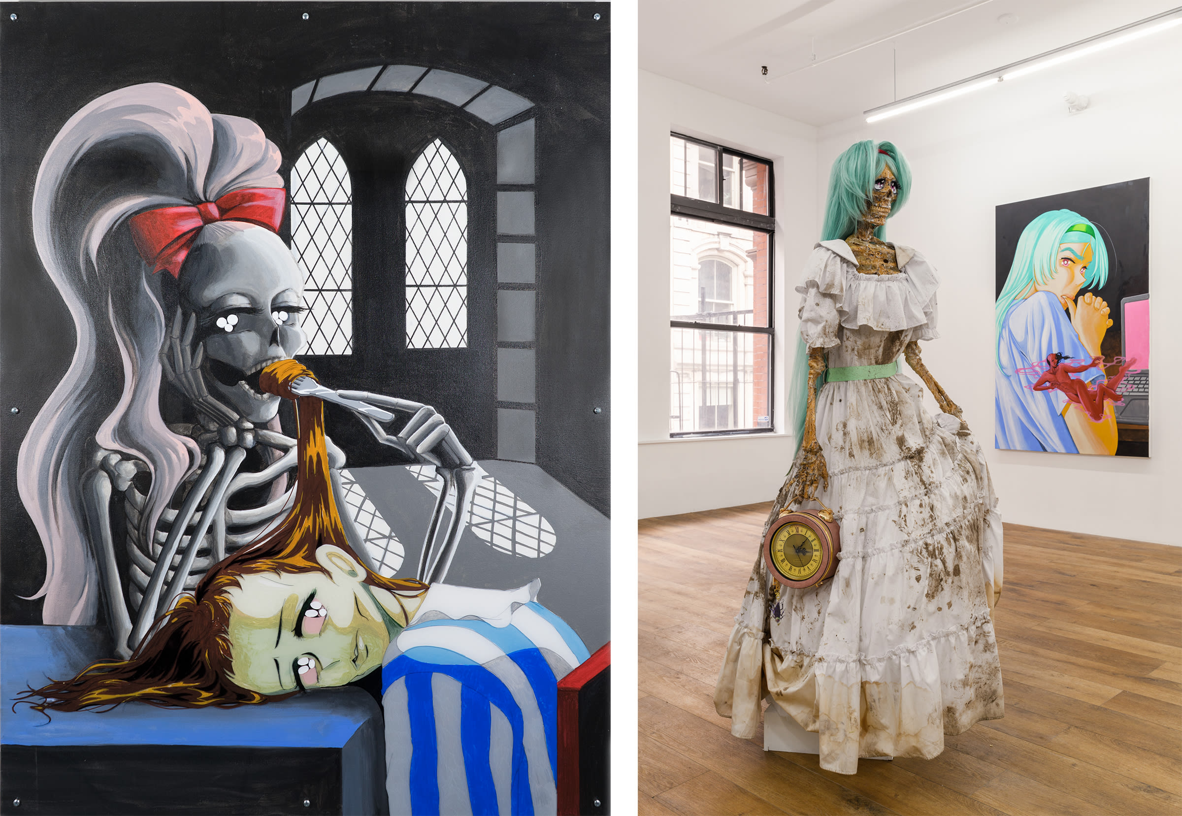 Left: Julien Ceccaldi, Teenager for Dinner, 2018. Photo by Mario Miron. Courtesy of the artist and Gaga. Right: Installation view of Julien Ceccaldi's exhibition 'Centuries Old', Lomex, New York City, October 2021. Courtesy of the artist and Lomex.