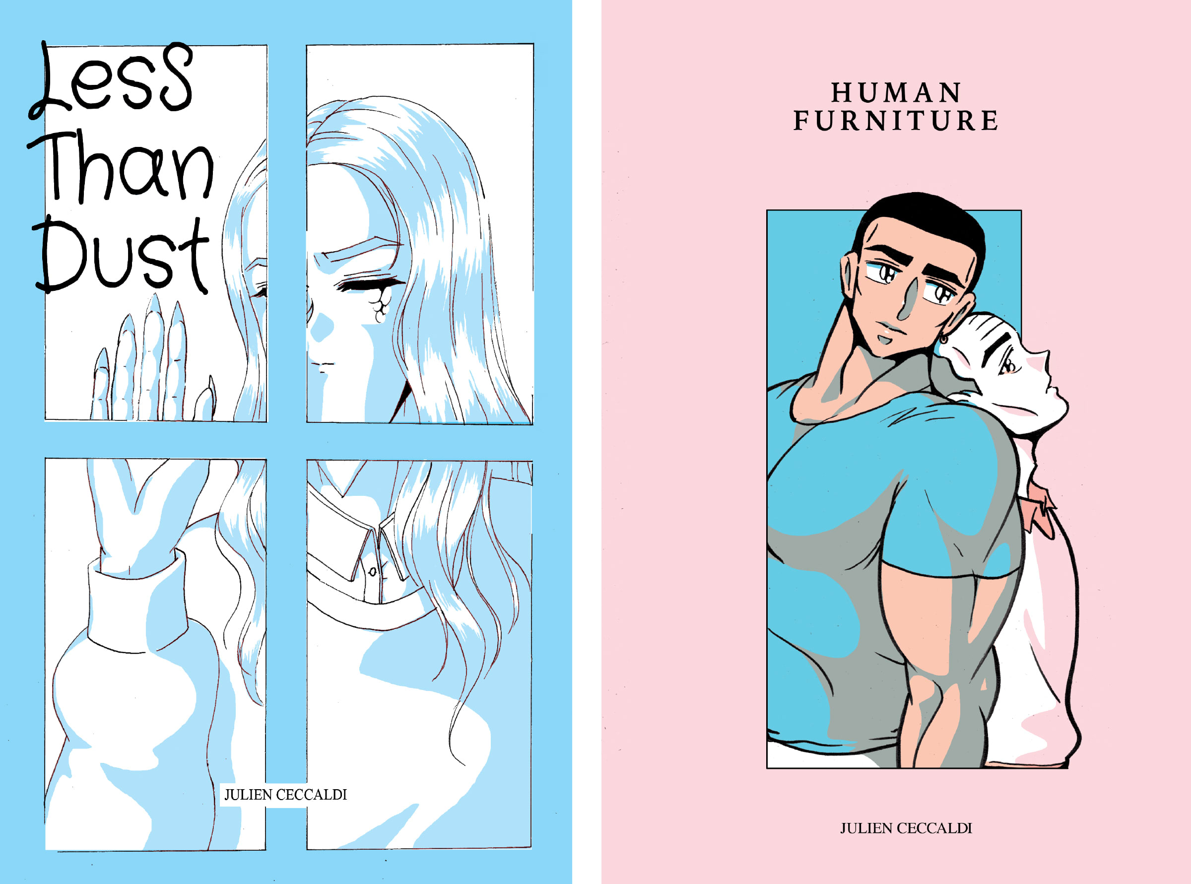 Covers of two books by Julien Ceccaldi: Less Than Dust (2014) and Human Furniture (2017). Courtesy of the artist.