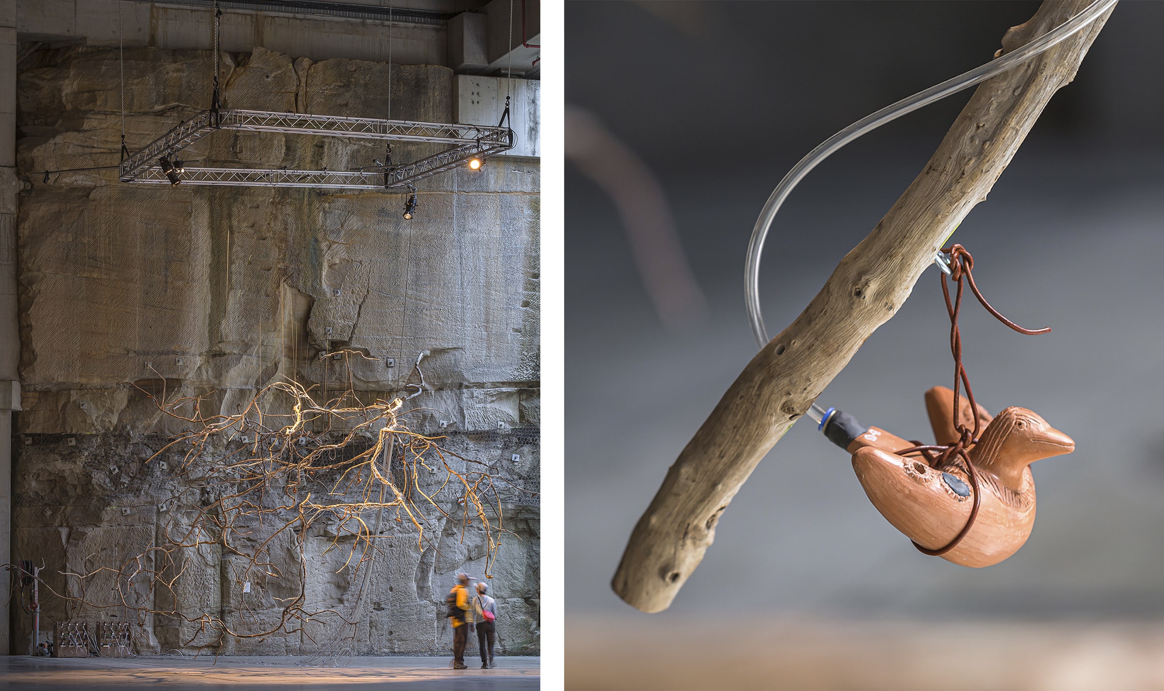 Installation and detail view of Tania Candiani, Waterbirds: Migratory Sound Flow, 2022, in the 23rd Sydney Biennale, 2022. Courtesy of the artist.