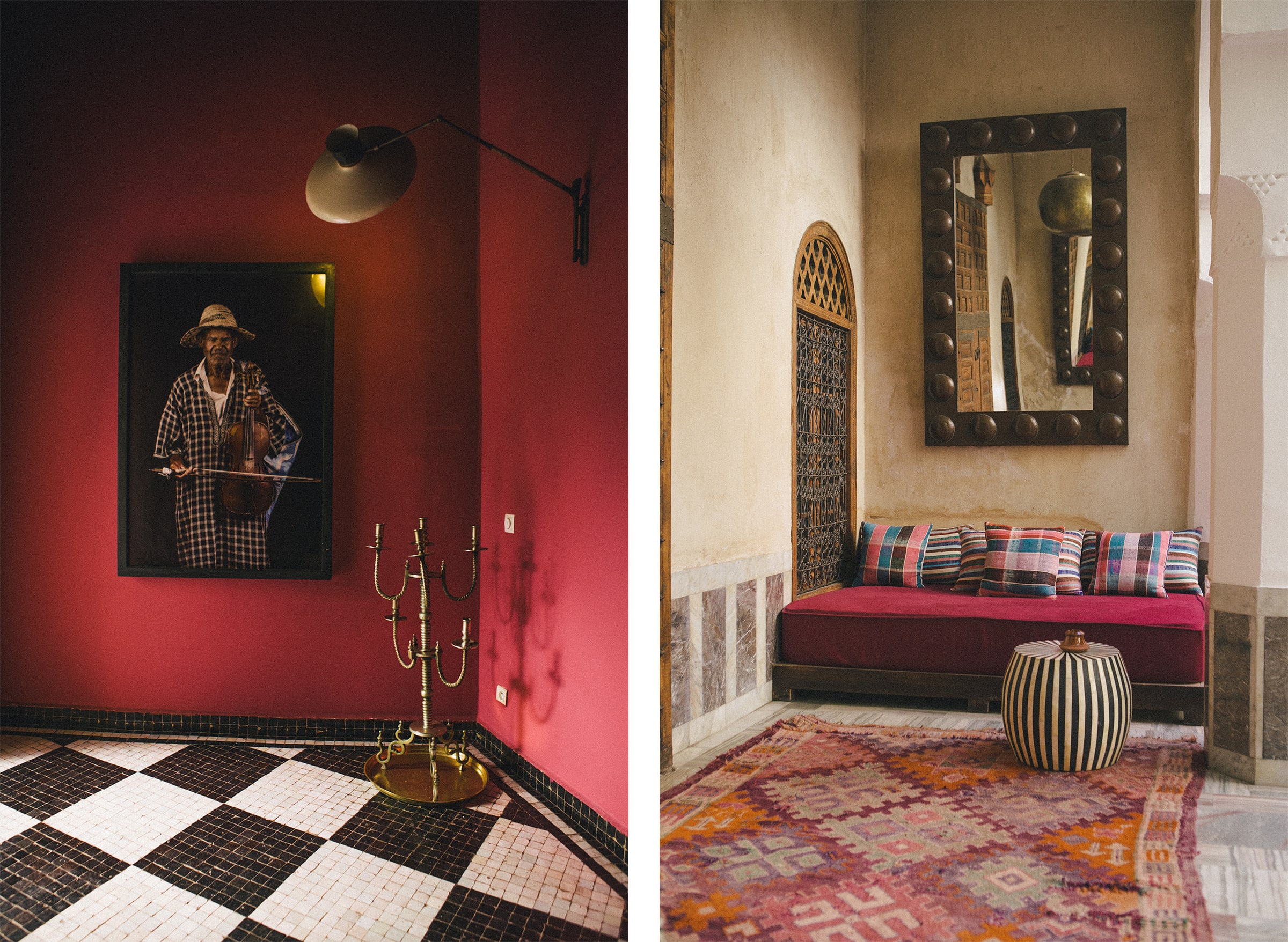 Vues du Riad El-Fenn, fondé par Vanessa Branson. À gauche, une œuvre de la photographe franco-marocaine Leila Alaoui. Photographie de Yasmine Hatimi for Art Basel.