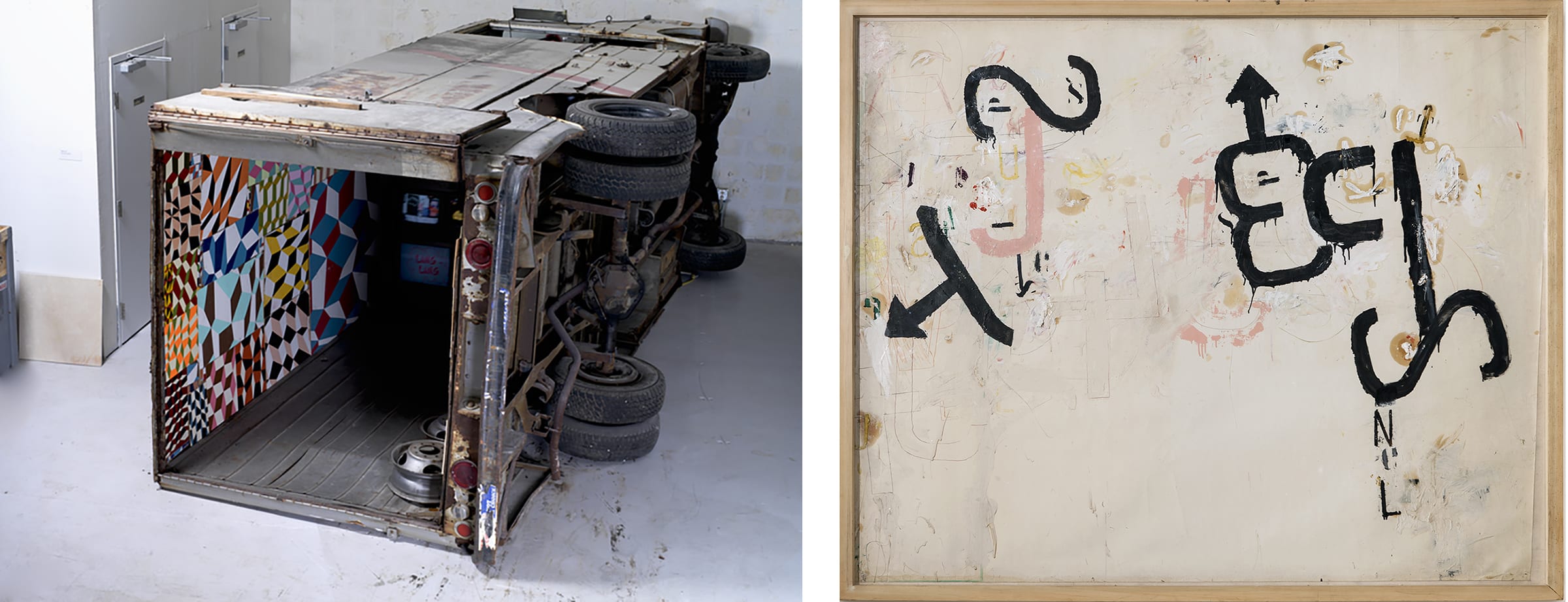 Left: Barry McGee, Untitled (truck installation with TVs), 2004. Right: Jannis Kounellis, Untitled, 1960. Both images: Collection Martin Z. Margulies
