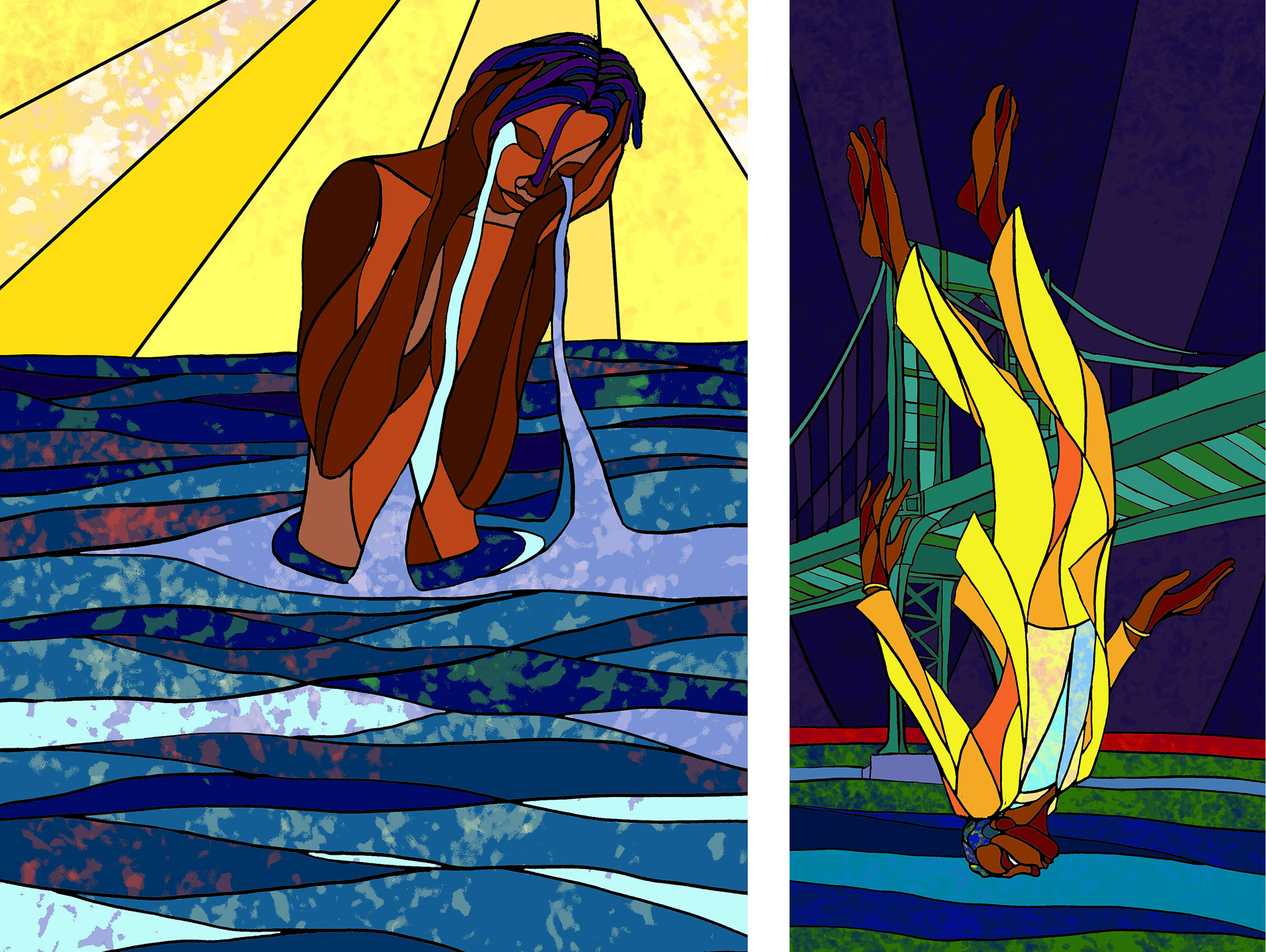 Left and right: Christopher Meyers, drawings for Let the Mermaids Flirt With Me, 2022. Stained-glass paintings installed in a custom-built architectural space. © Christopher Myers 2022. Courtesy the artist and James Cohan, New York. 