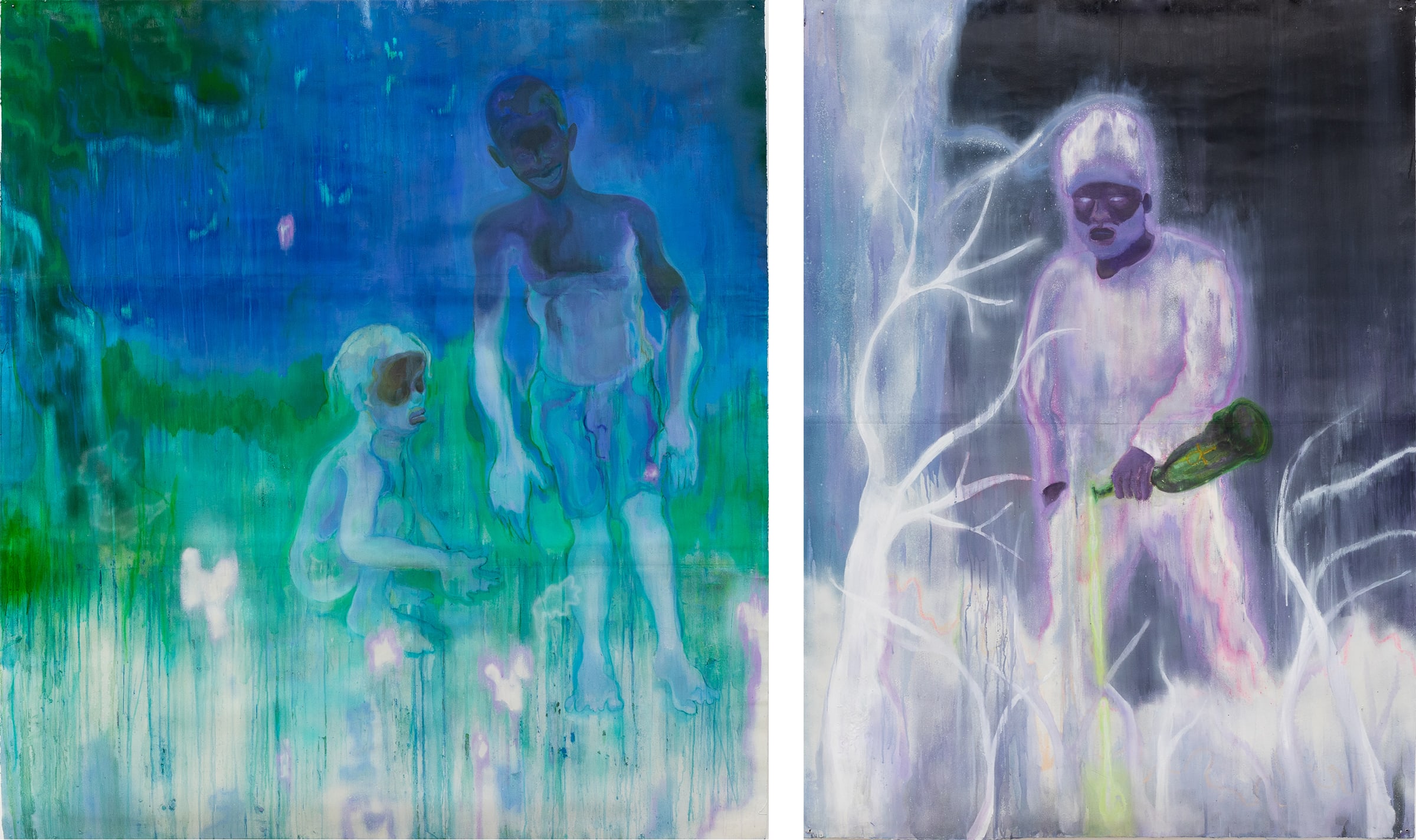 Works by Sedrick Chisom. Left: The Nighttime Encounter of the First Miasma, 2019. Right: ...Meanwhile a Young God Pours Life On The Planet Kemetopia, 2019. © the artist. Courtesy of the artist and Matthew Brown. Photography by Paul Salveson.