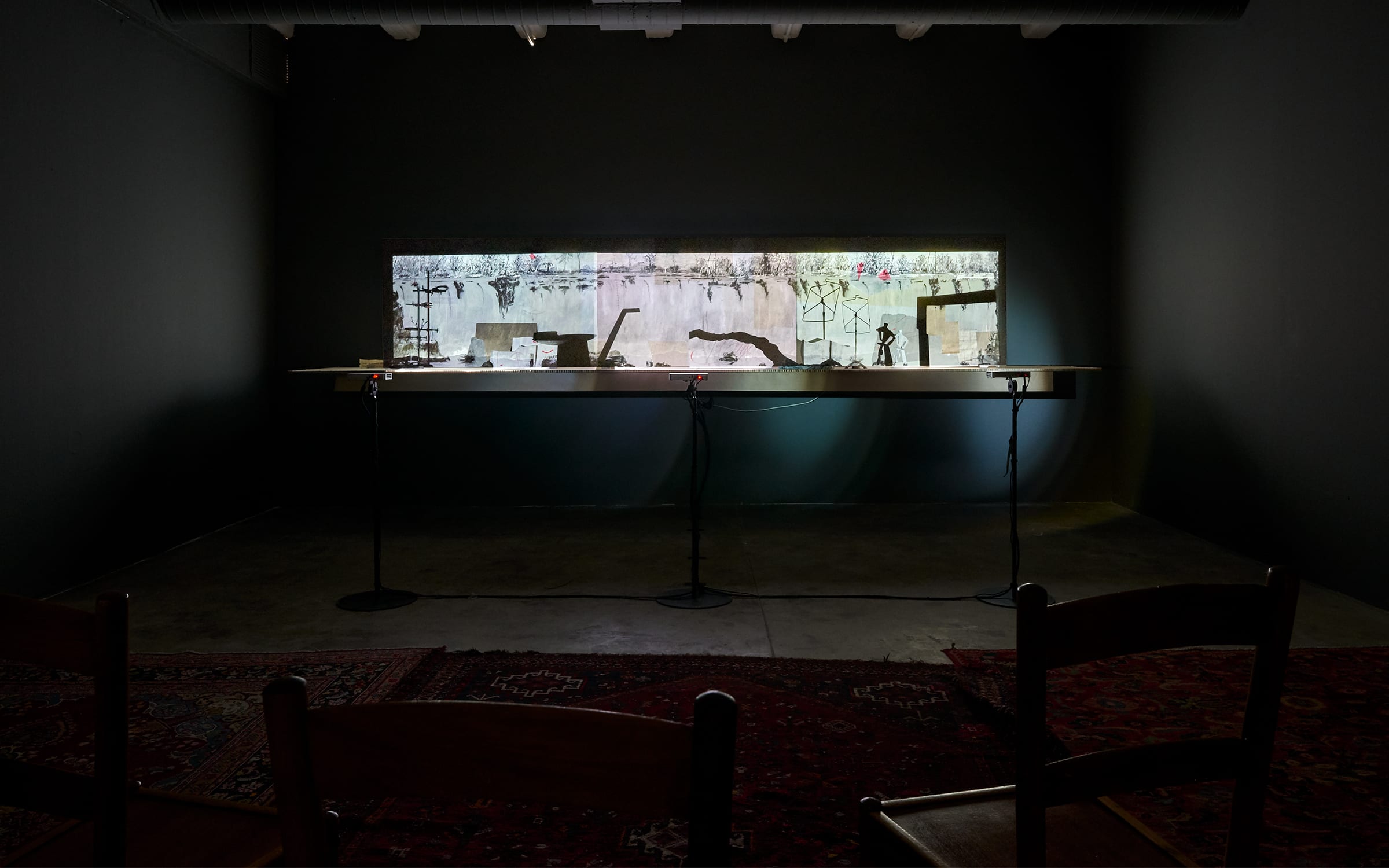 William Kentridge, KABOOM!, 2018. Three-channel HD film installation, three mini-projectors and stands, and model stage with props, dimensions variable; video: 18 minutes 37 seconds.