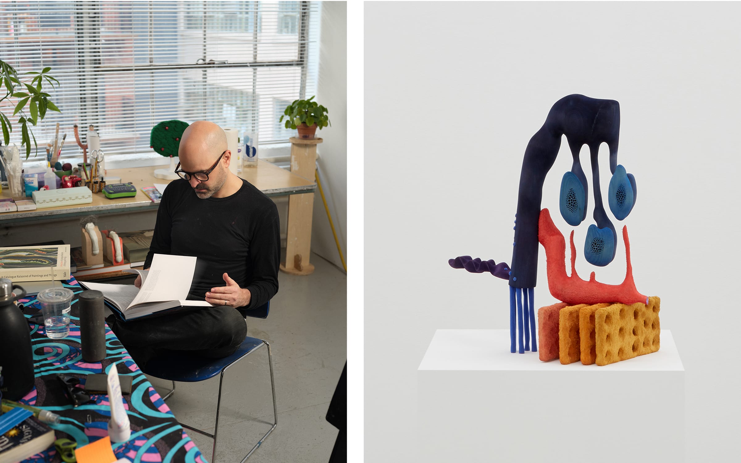 Left: Matthew Ronay in his Long Island City studio, 2021. Photo by Tim Schutsky for Art Basel. Right: Matthew Ronay, Fornax, 2021. Courtesy of the artist and Casey Kaplan, New York City. 