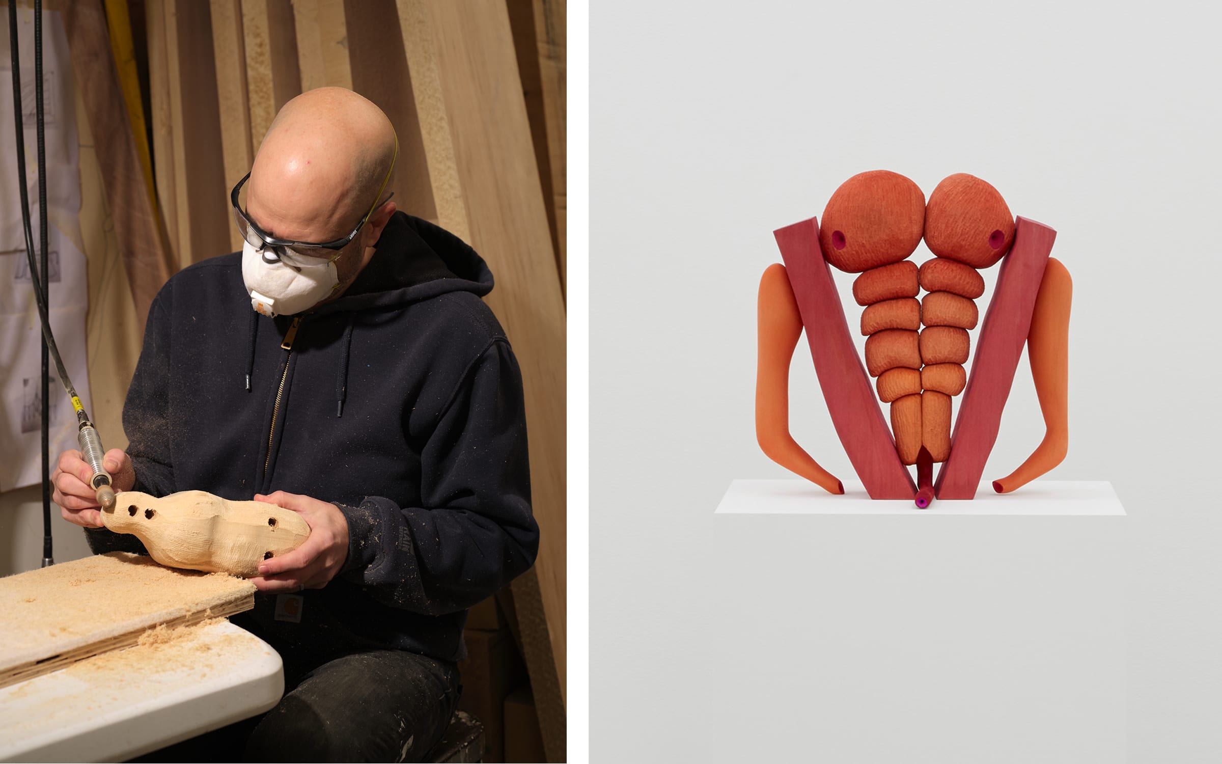 Left: The artist in his Long Island City studio. Photo by Tim Schutsky for Art Basel. Right: Matthew Ronay, Torso, 2020. Courtesy of the artist and Casey Kaplan, New York City.