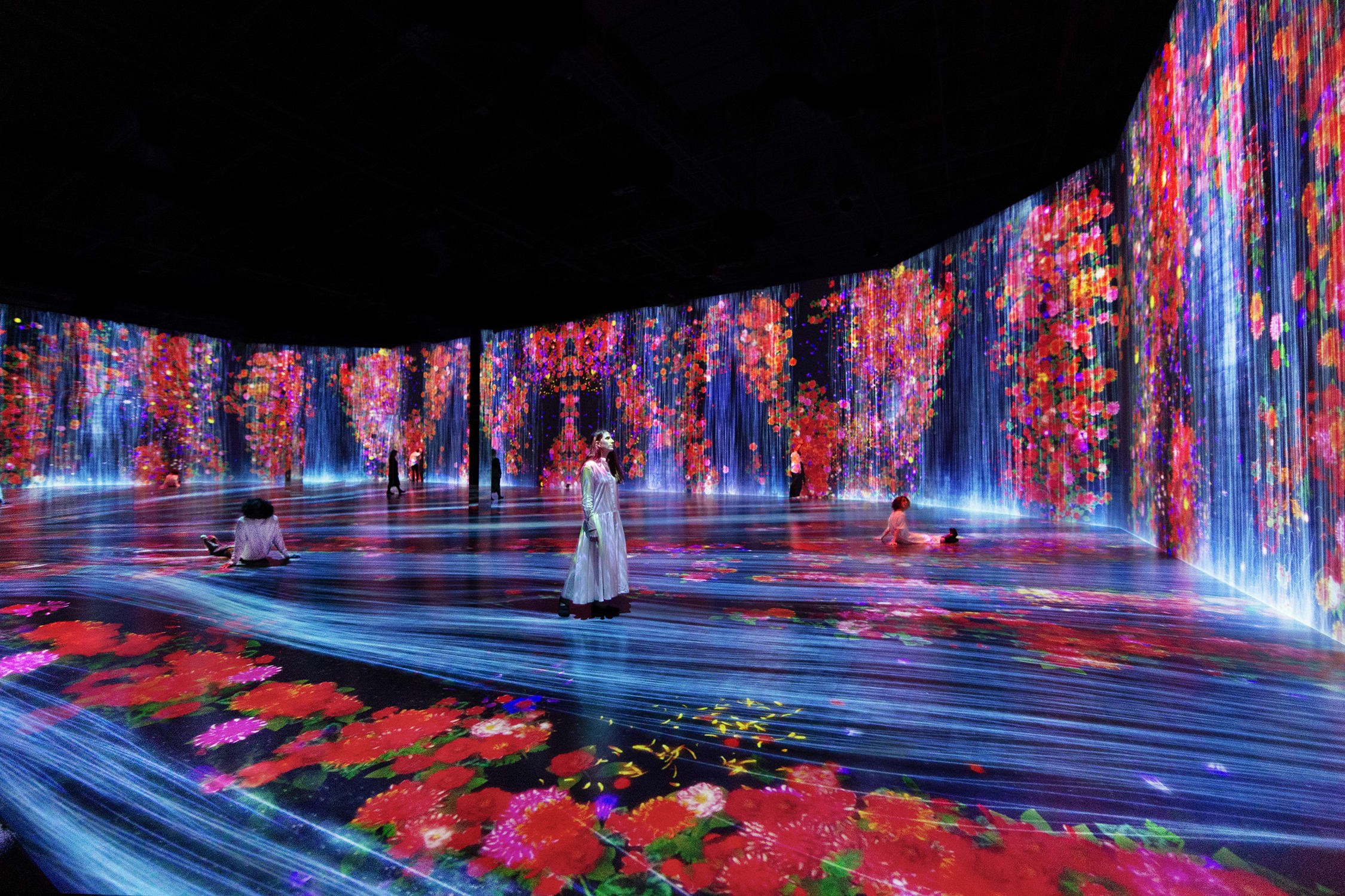 teamLab, Flowers and People, Cannot be Controlled but Live Together – Transcending Boundaries, A Whole Year per Hour, 2017.  Sound: Hideaki Takahashi. Installation view of 'Every Wall is a Door', Superblue Miami, 2021.  © teamLab. Courtesy of Pace Gallery, New York City, Geneva, Hong Kong, London, Palm Beach, Palo Alto, and Seoul.