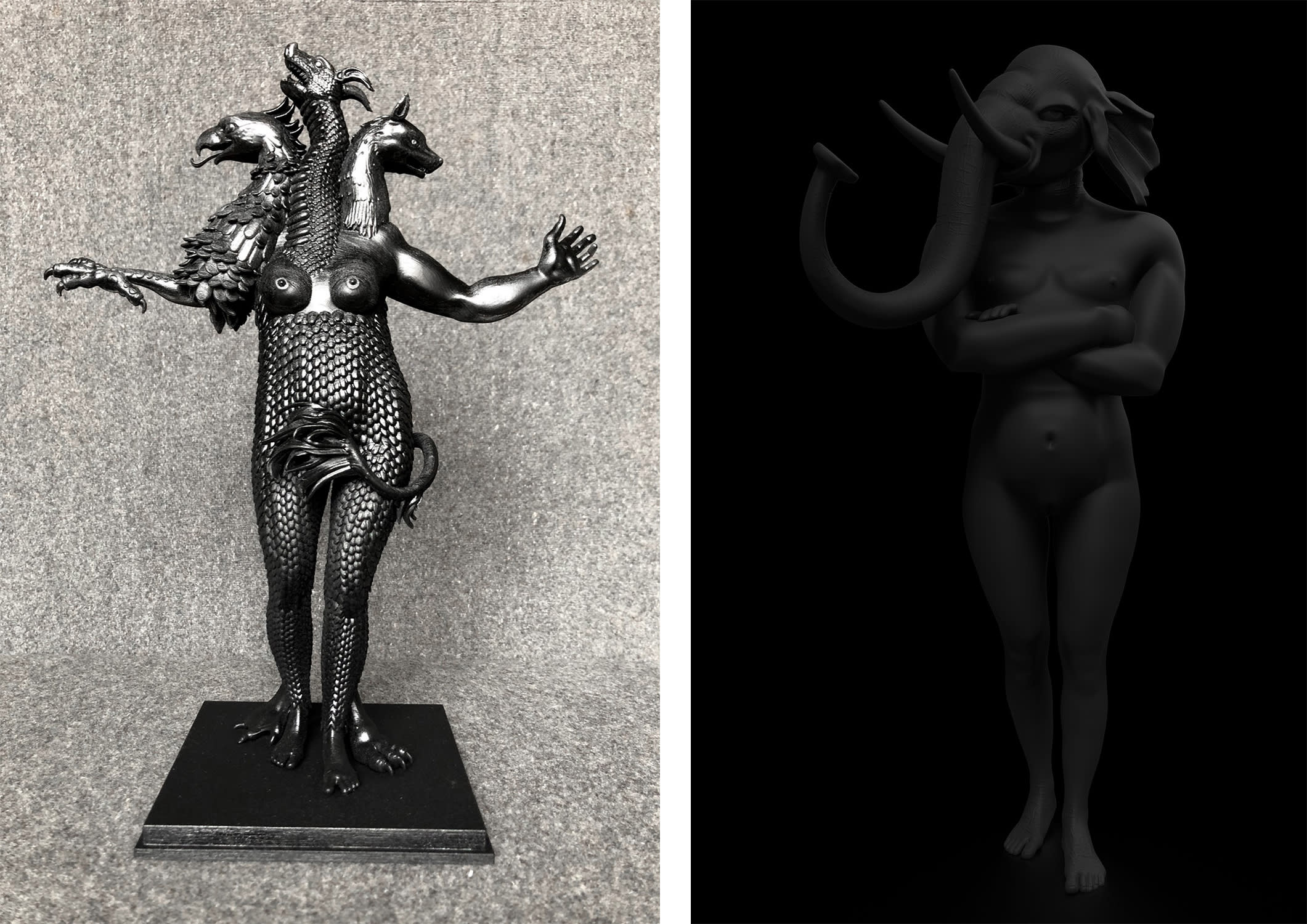 Left: Carlos Motta, THE PSALMS - Monstrum triceps capite vulpis, draconis, & aquilae, 2018. Courtesy of mor charpentier, Paris. Right: Carlos Motta, THE PSALMS - Figure of a man with an elephant head, 2018, Courtesy of mor charpentier, Paris.