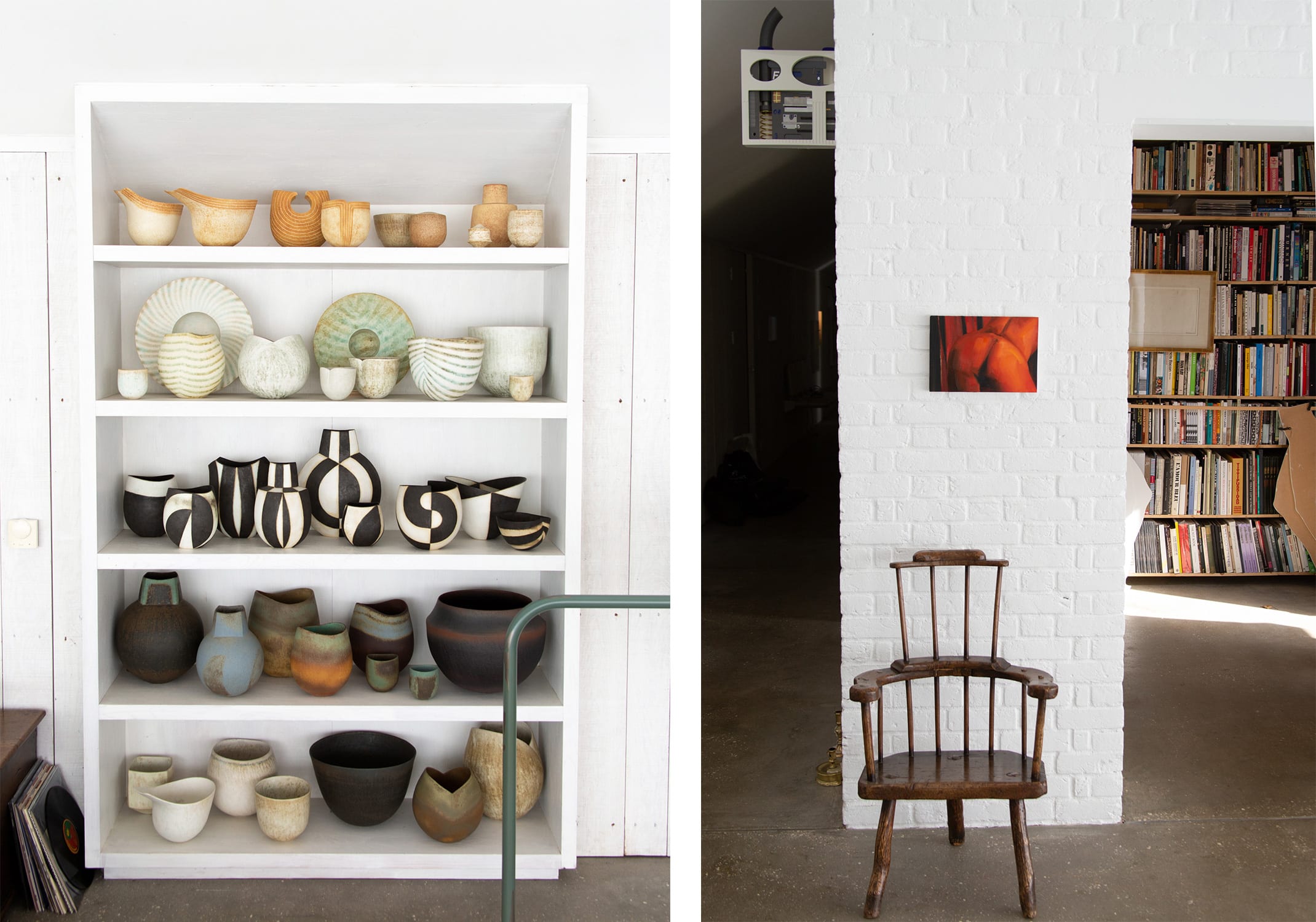 Left: Ceramics by John Ward. Right: In the left upper corner is Maglia Reus's sculpture Leaves (Geneva, November), from 2015; above the chair, Gillian Carnegie's Red, from 2004.