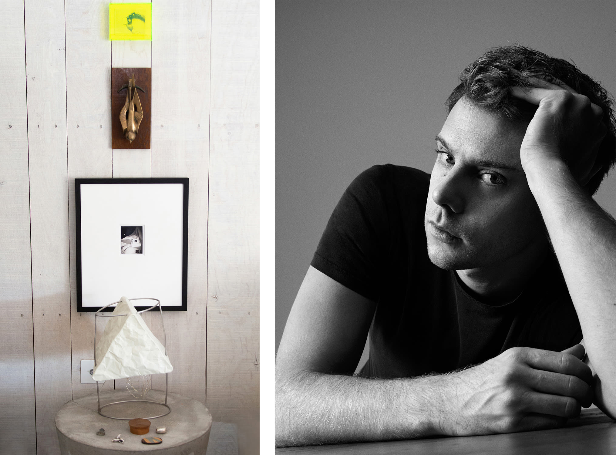 Left: Works from top to bottom: a polaroid photograph by Paul Thek; a swallow door knocker by Gertrude Hermes; Untitled, 1973 by Robert Mapplethorpe; a Jo Jonas lamp; a wooden box by David Pye.Right: Jonathan Anderson. Courtesy of Loewe.
