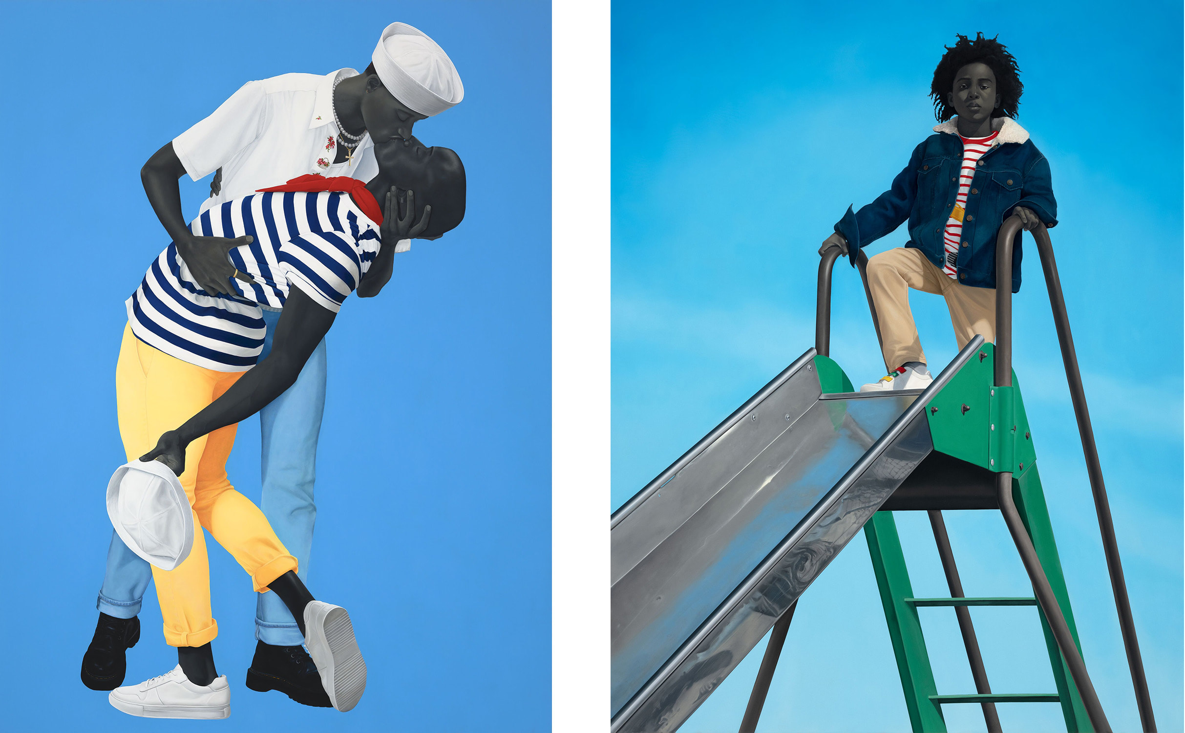 Left: Amy Sherald, For love, and for country, 2022. Right: Amy Sherald, Kingdom, 2022. Photos by Joseph Hyde. © Amy Sherald. Courtesy of the artist and Hauser & Wirth. 