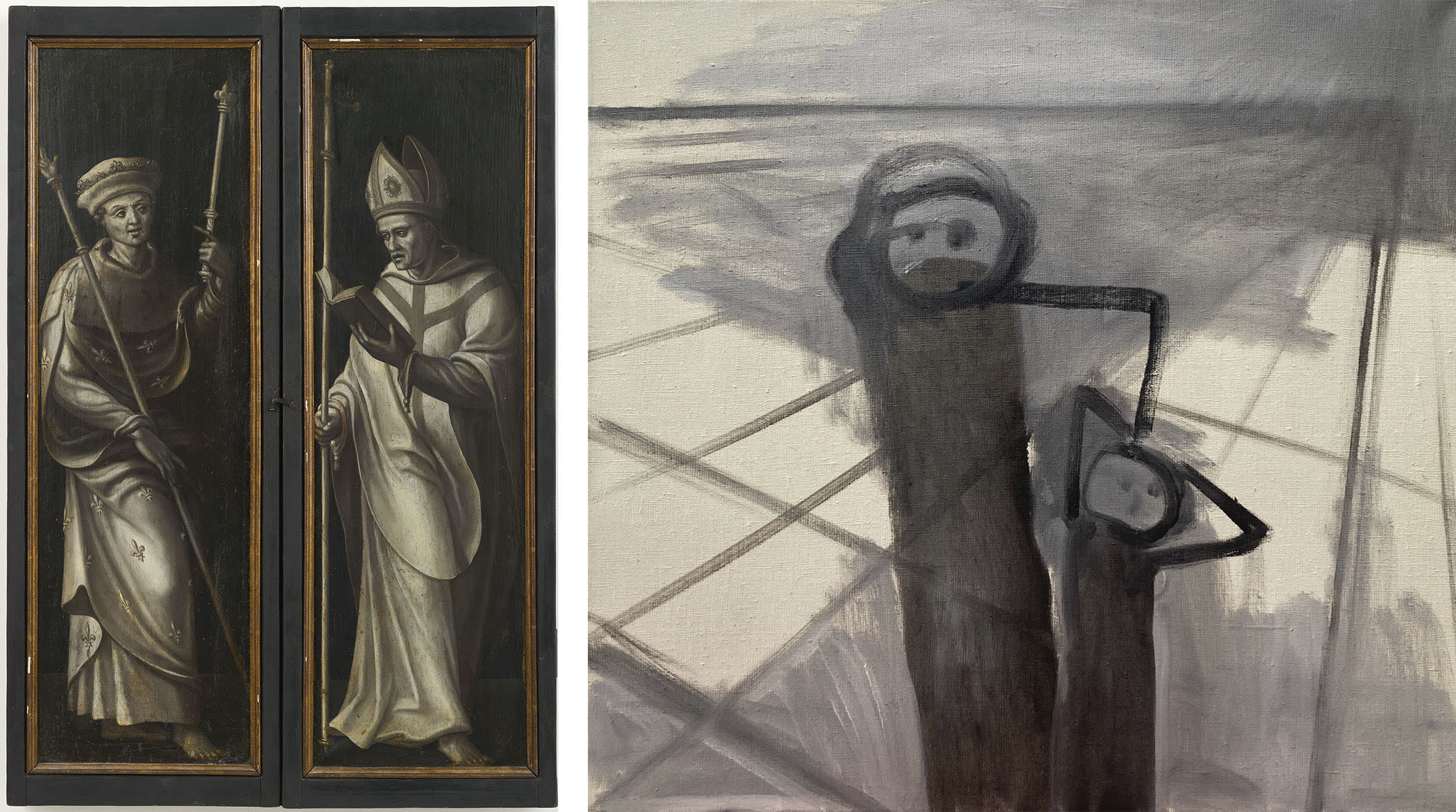 Left: Jan van Scorel, Two figures in grisaille, 16th century. Courtesy of Galerie Jocelyn Wolff. Photo by Fabrice Gousset. Right: Miriam Cahn, grisaille 11.6.07, 2007. Courtesy of the artist, Meyer Riegger, and Galerie Jocelyn Wolff.