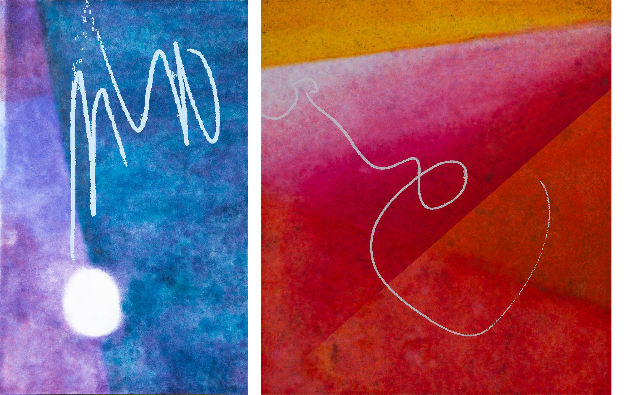 Left: Vikram Divecha, Untitled Scene (Aimless Calligraphy, March 2), 2022. Right: Vikram Divecha, Untitled Scene (Aimless Calligraphy, August 3), 2022. Courtesy of the artist and Gallery Isabelle van den Eynde, Dubai.