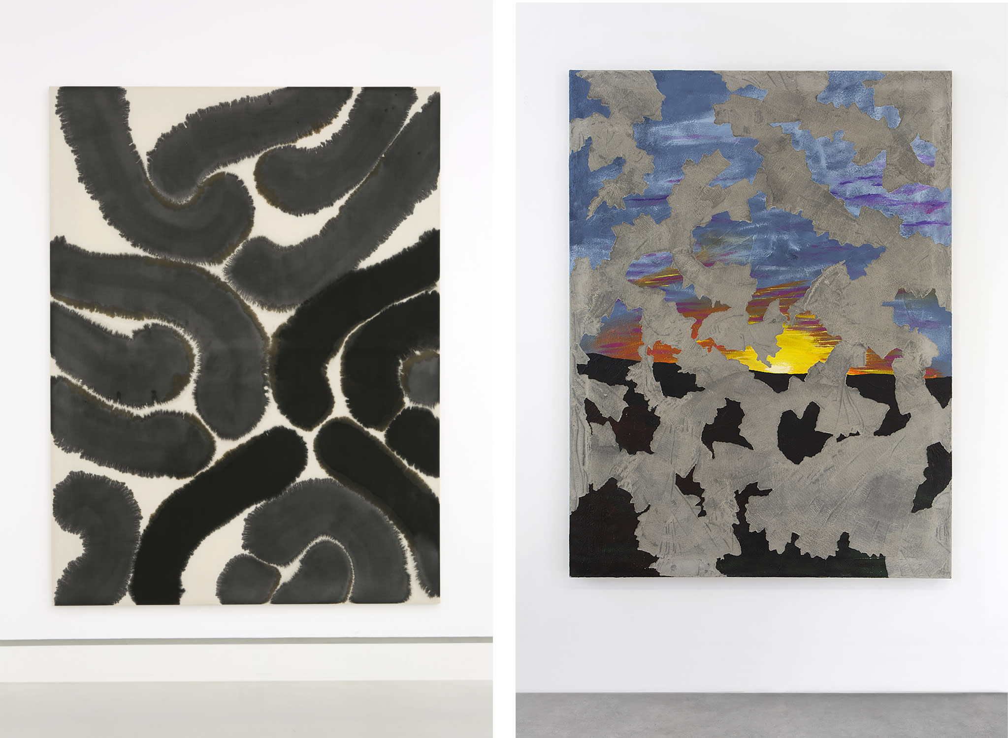 Left: Latifa Echakhch, Turn to the right and then walk five steps before turning to the left. The wind blows through the grass, 2019. Right: Latifa Echakhch, Sun Set Down (02), 2021. Courtesy of the artist and kamel mennour, Paris and London.