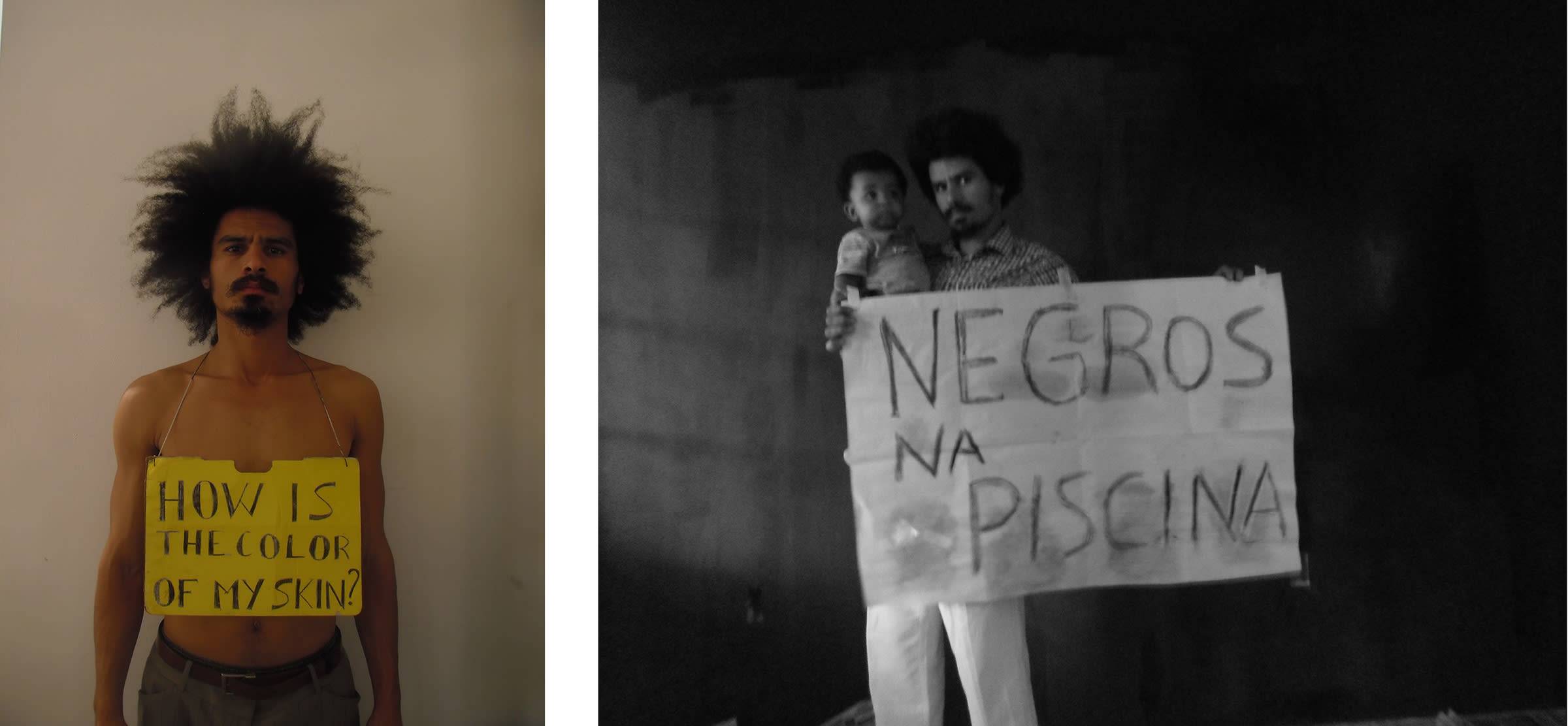 Left: Paulo Nazareth, HOW IS THE COLOR OF MY SKIN?, 2012. Right: Paulo Nazareth, NEGROS NA PISCINA, 2014. Both images: Courtesy of the artist and Mendes Wood DM, São Paulo, Brussels, New York. Copyright Paulo Nazareth.