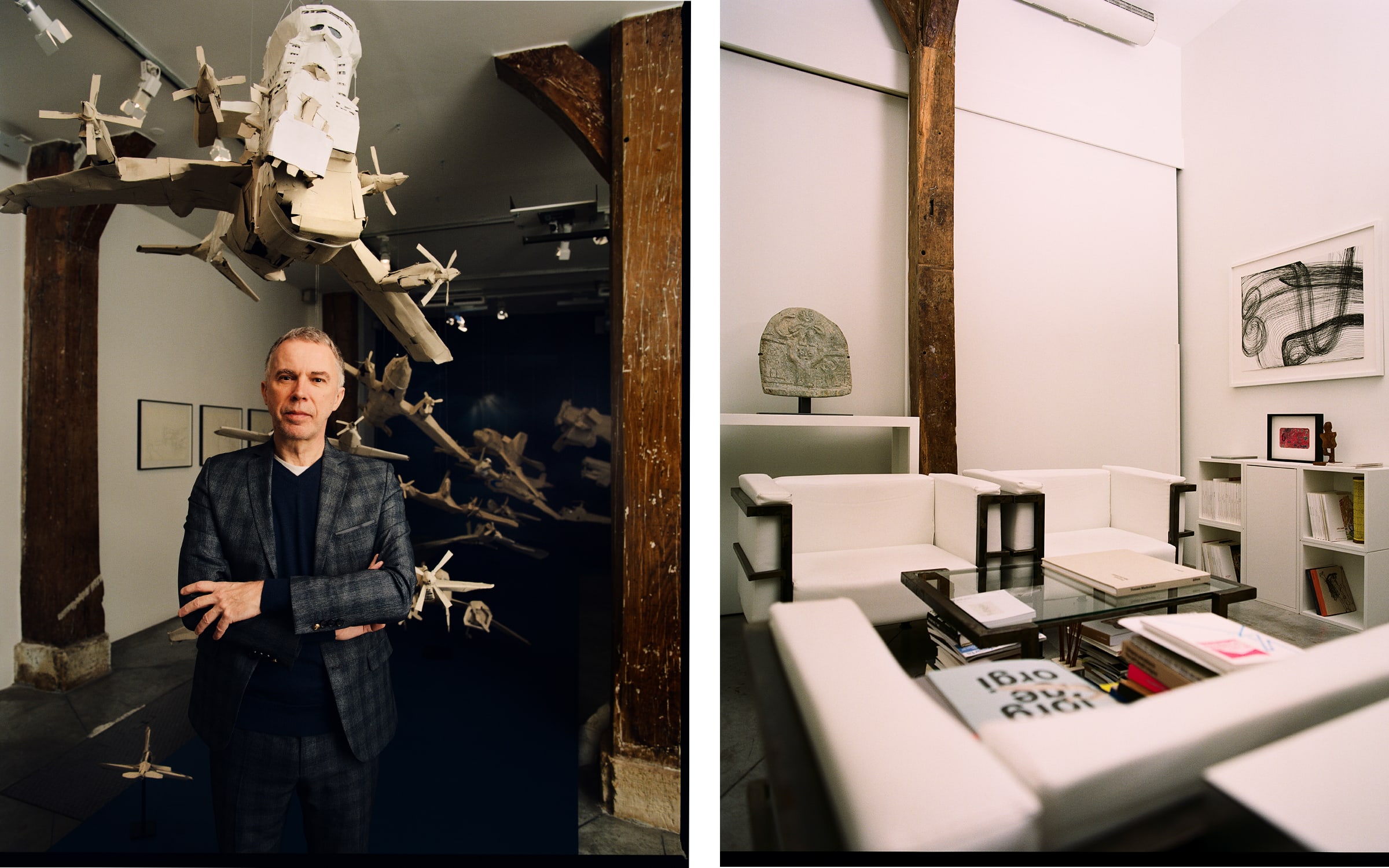 À gauche, Christian Berst dans sa galerie. À droite, le salon de l'espace, avec des catalogues publiés par Berst. Photo par Manuel Obadia-Wills pour Paris+ par Art Basel.