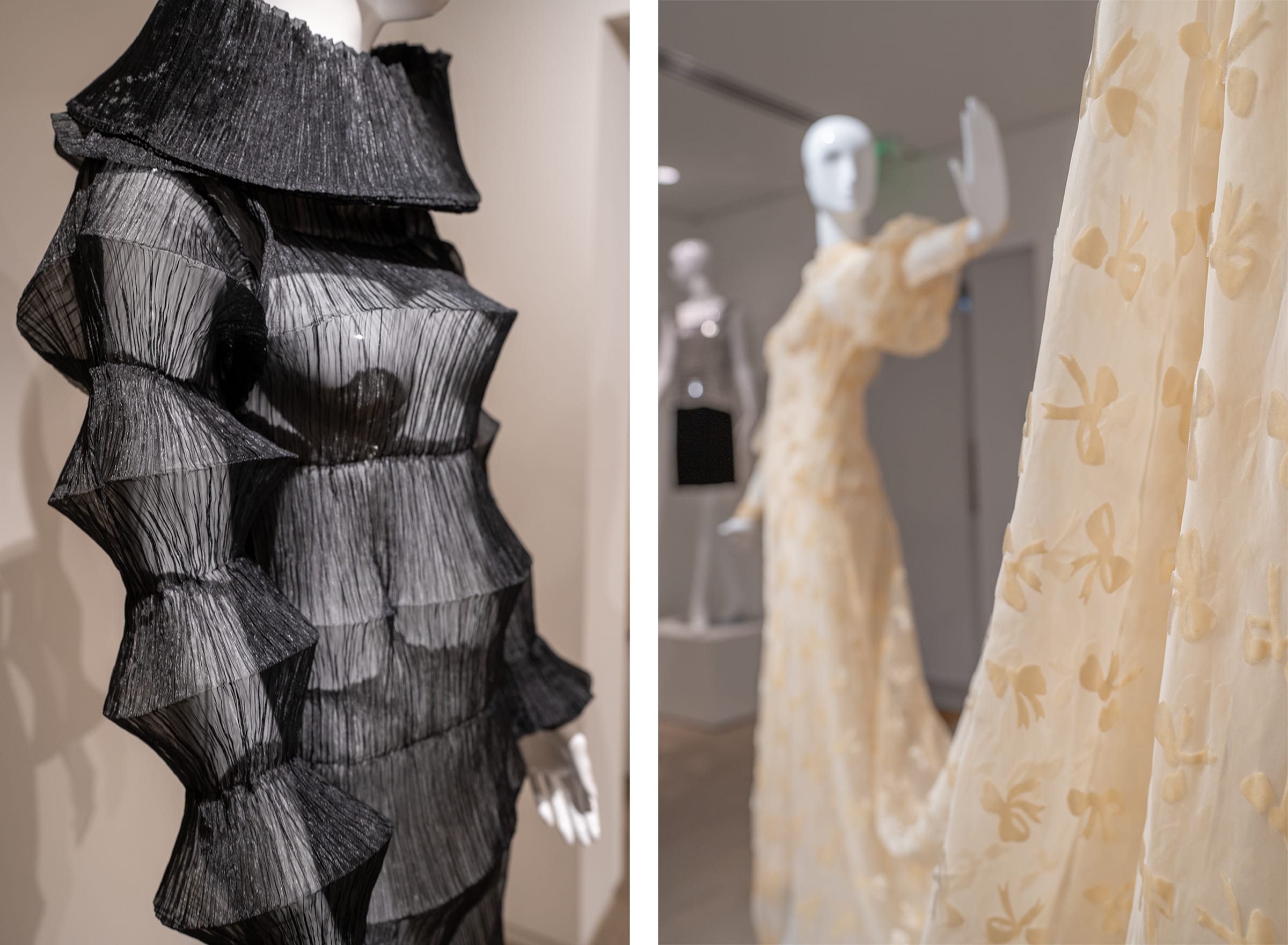 Left: Issey Miyake, Paper Lantern Dress, 1994. Right: Madeleine Vionnet, Evening Dress, Silk/Velvet Bows, 1933. Photographs by Sofia Aviles. Courtesy of Parodi Costume Collection.