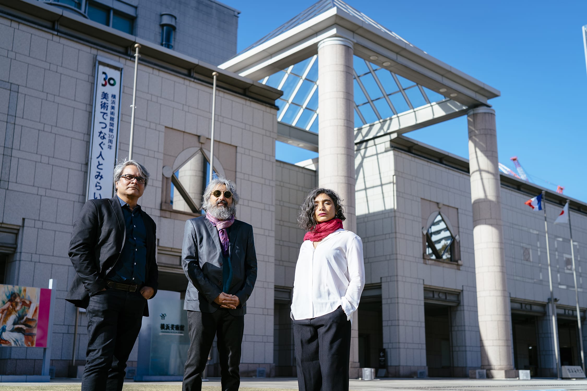 Raqs Media Collective (from left: Shuddhabrata Sengupta, Jeebesh Bagchi, and Monica Narula), curators of the 2020 Yokohama Triennale. Photo by Keto Hajime. Courtesy of the Organizing Committee for Yokohama Triennale.