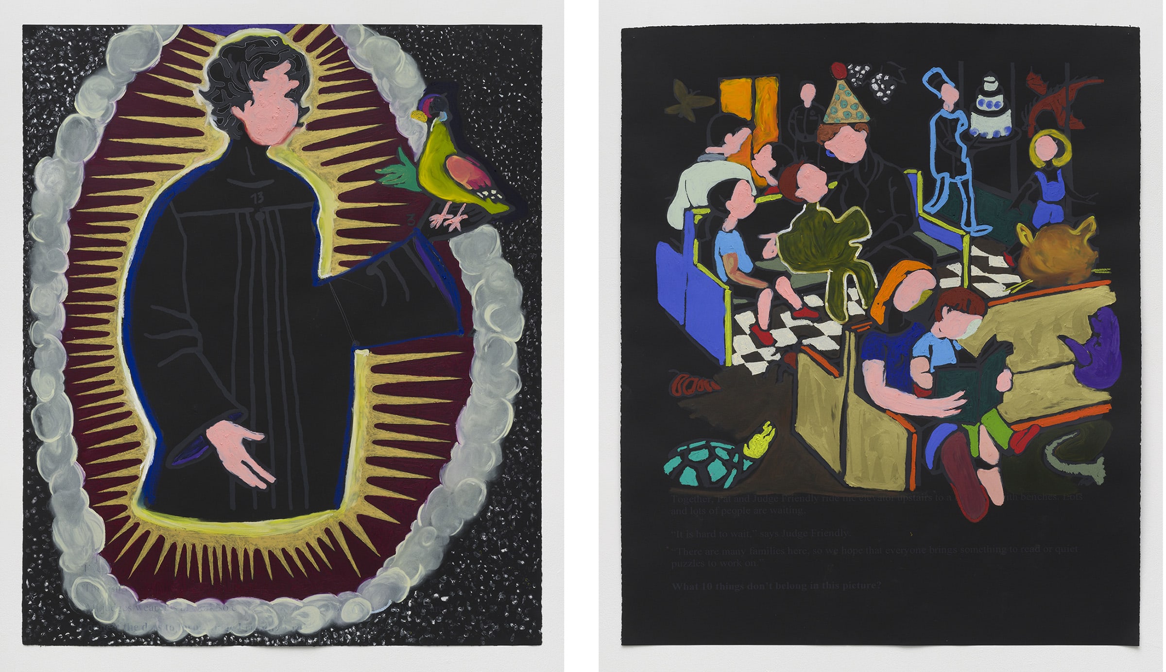 Left: Sable Elyse Smith, Coloring Book 95, 2022. Right: Sable Elyse Smith, Coloring Book 96, 2022. Courtesy of the artist; JTT, New York; Regen Projects, Los Angeles; and Carlos/Ishikawa, London. Photos by Charles Benton.