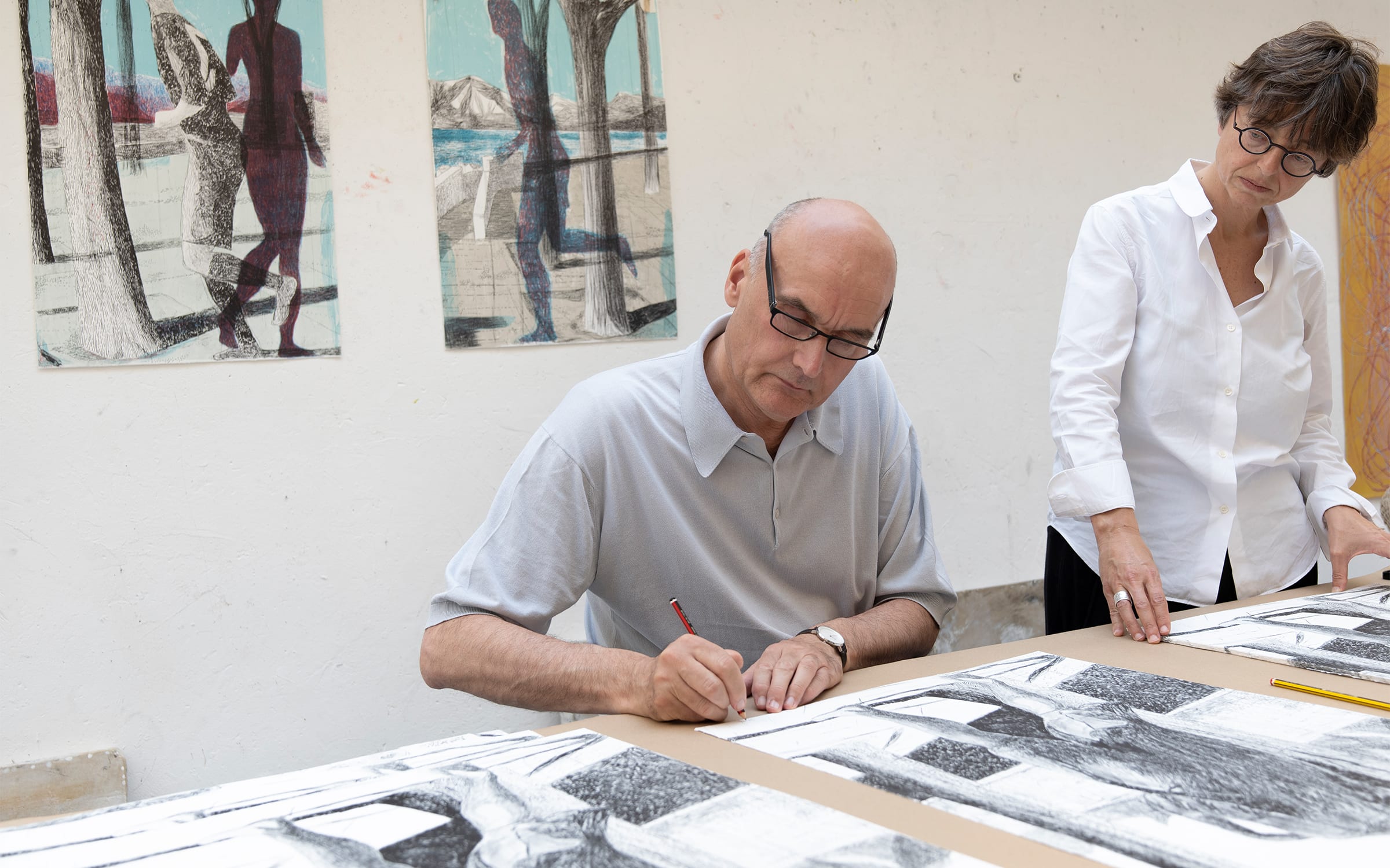 Artist Marc Desgrandchamps signing his editioned works at Lelong Editions. Courtesy of Galerie Lelong & Co., Paris and New York City.