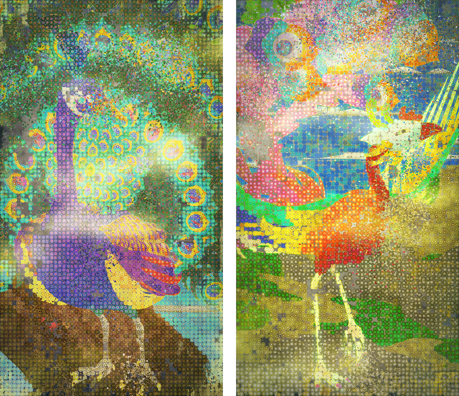 Left: teamLab, Peony Peacock, 2017. Right: Sunflower Phoenix, 2017. Courtesy of teamLab and Ikkan Art International.