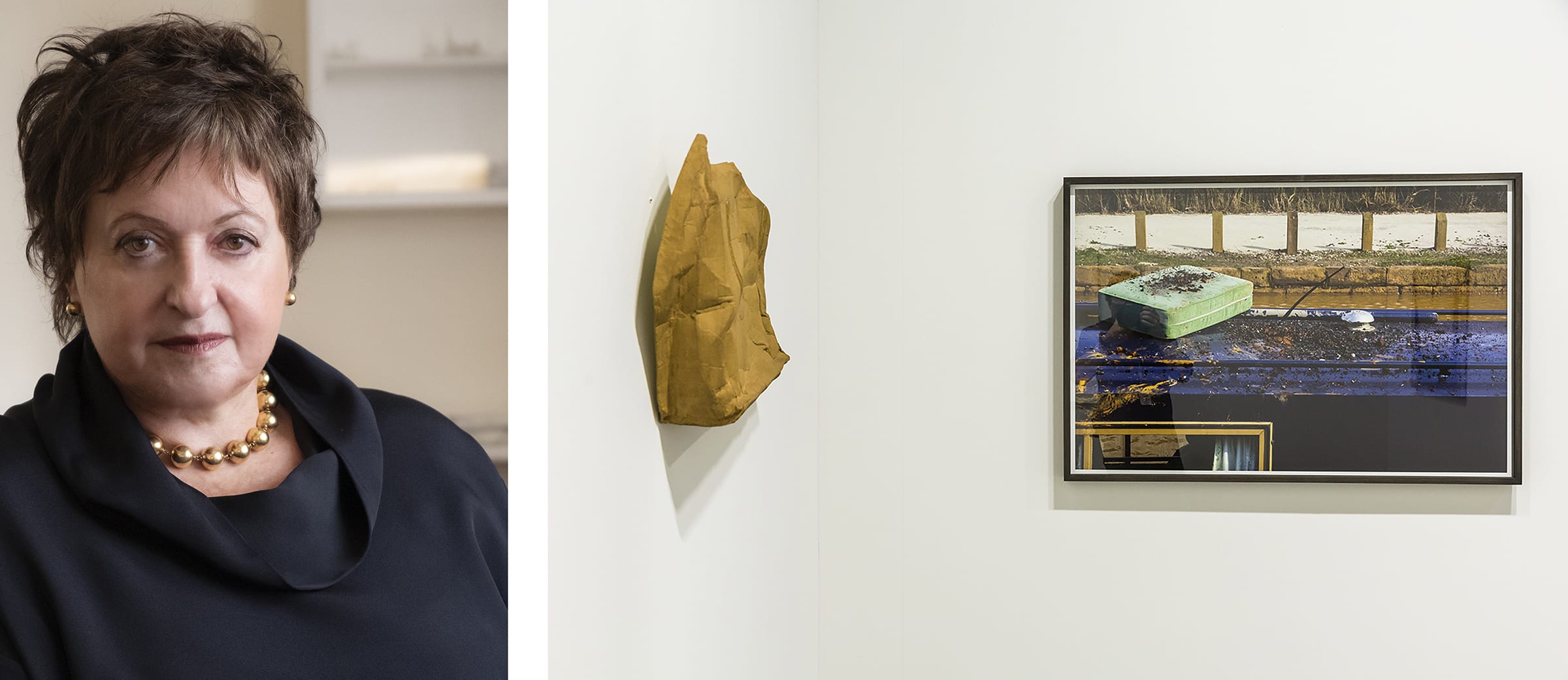 Left: Luisa Strina. Right: Two works presented by Galeria Luisa Strina at Art Basel Miami Beach, 2017.