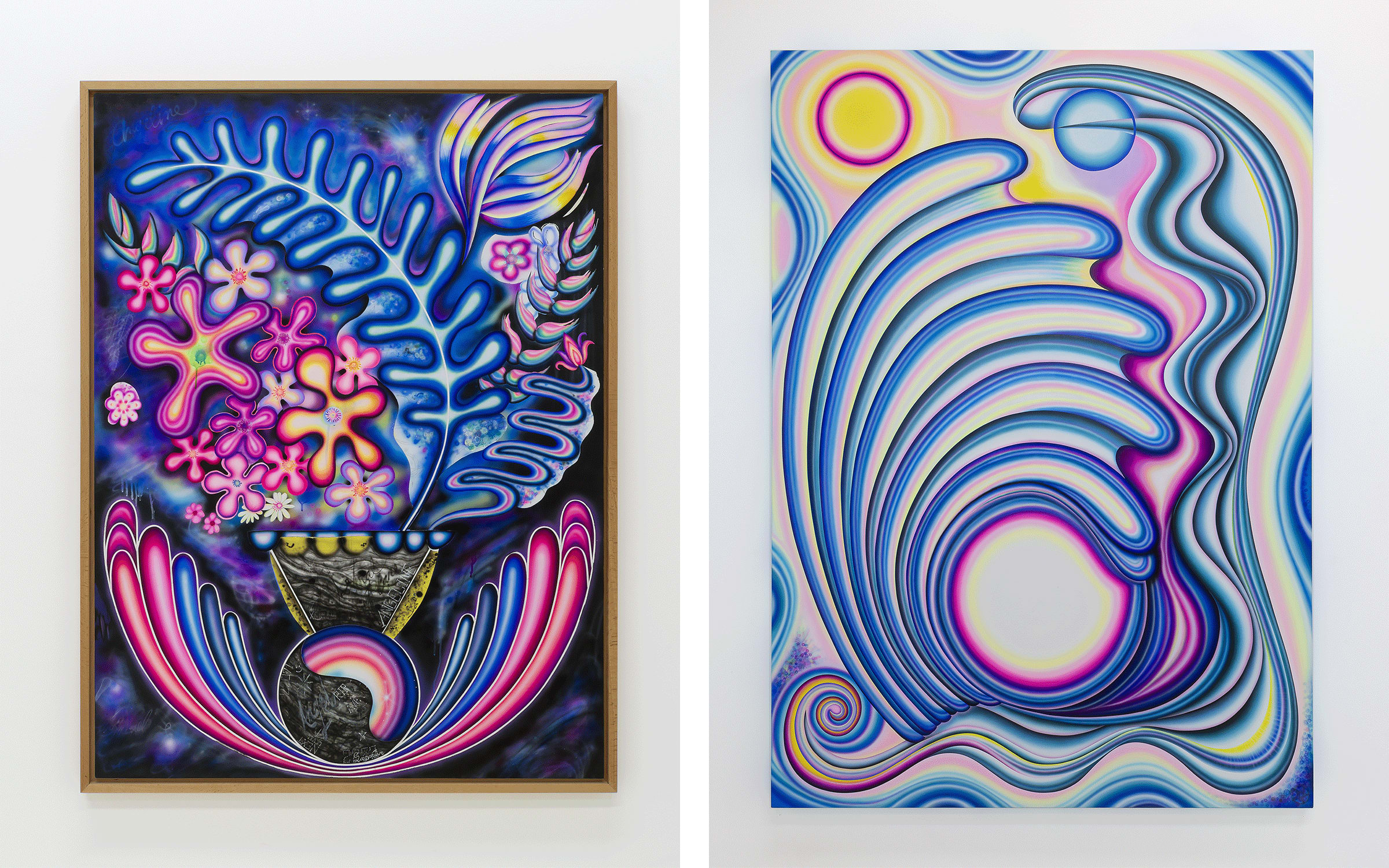 Artworks by Angeline Rivas. Courtesy of the artist and Chris Sharp. Left: Hologram Rose, 2023. Right: Cosmosis.com, 2023.