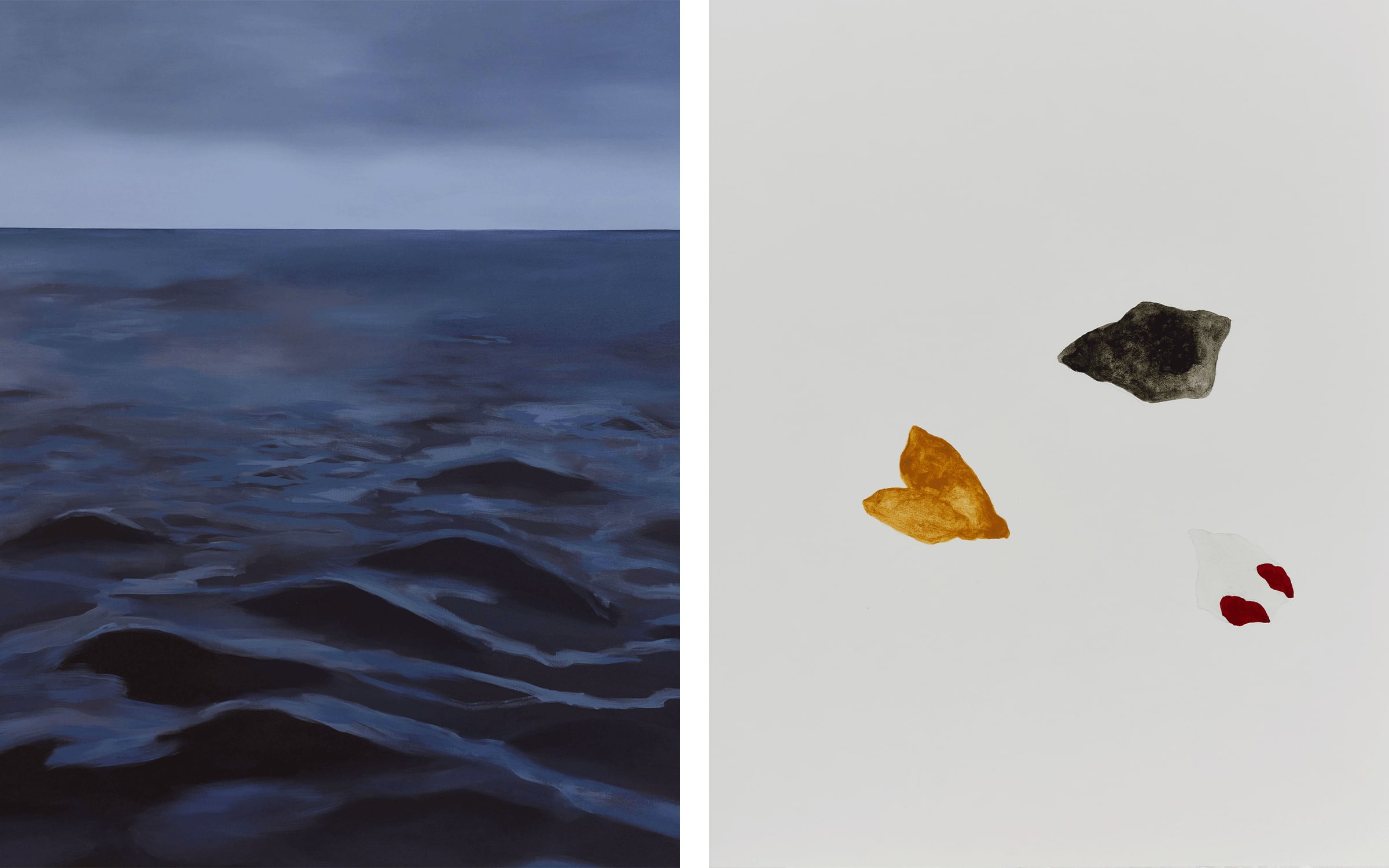 Artworks by Ayesha Sultana. Courtesy of the artist and Experimenter (Kolkata, Mumbai). Left: Under the waves, 2022. Right: Form studies (detail).