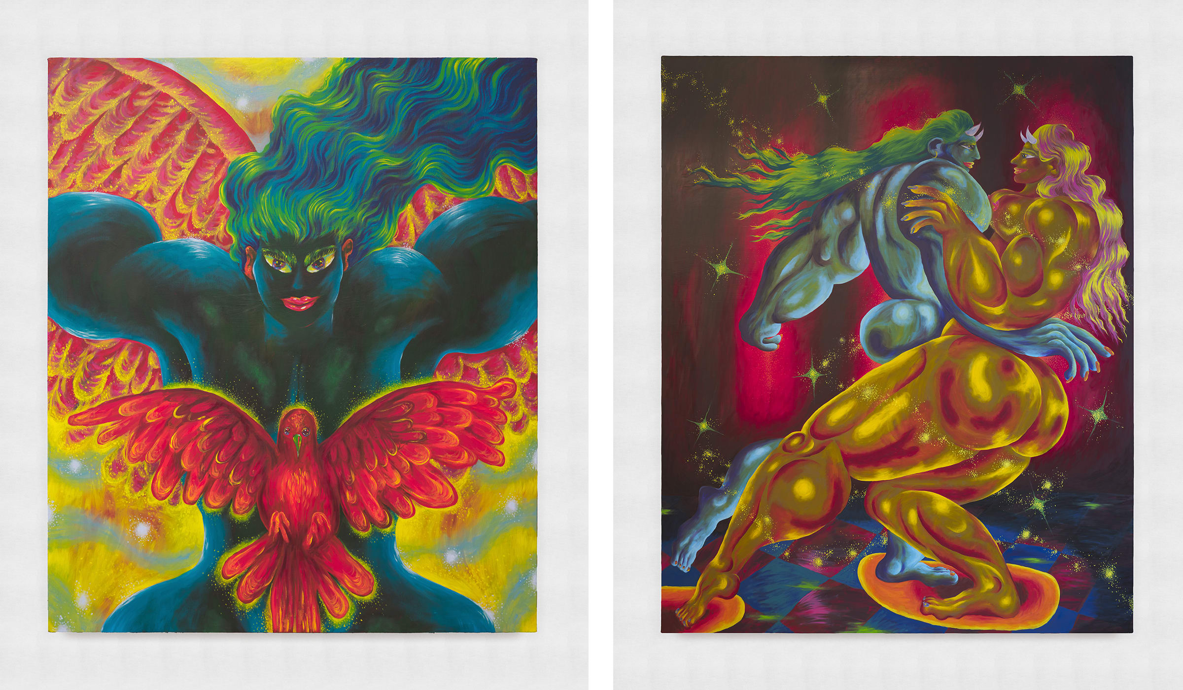 Works by Ana Benaroya. Left: Angel of Paradise, 2023. Right: Sympathetic Rhythm, 2023. Courtesy the artist and Venus Over Manhattan.
