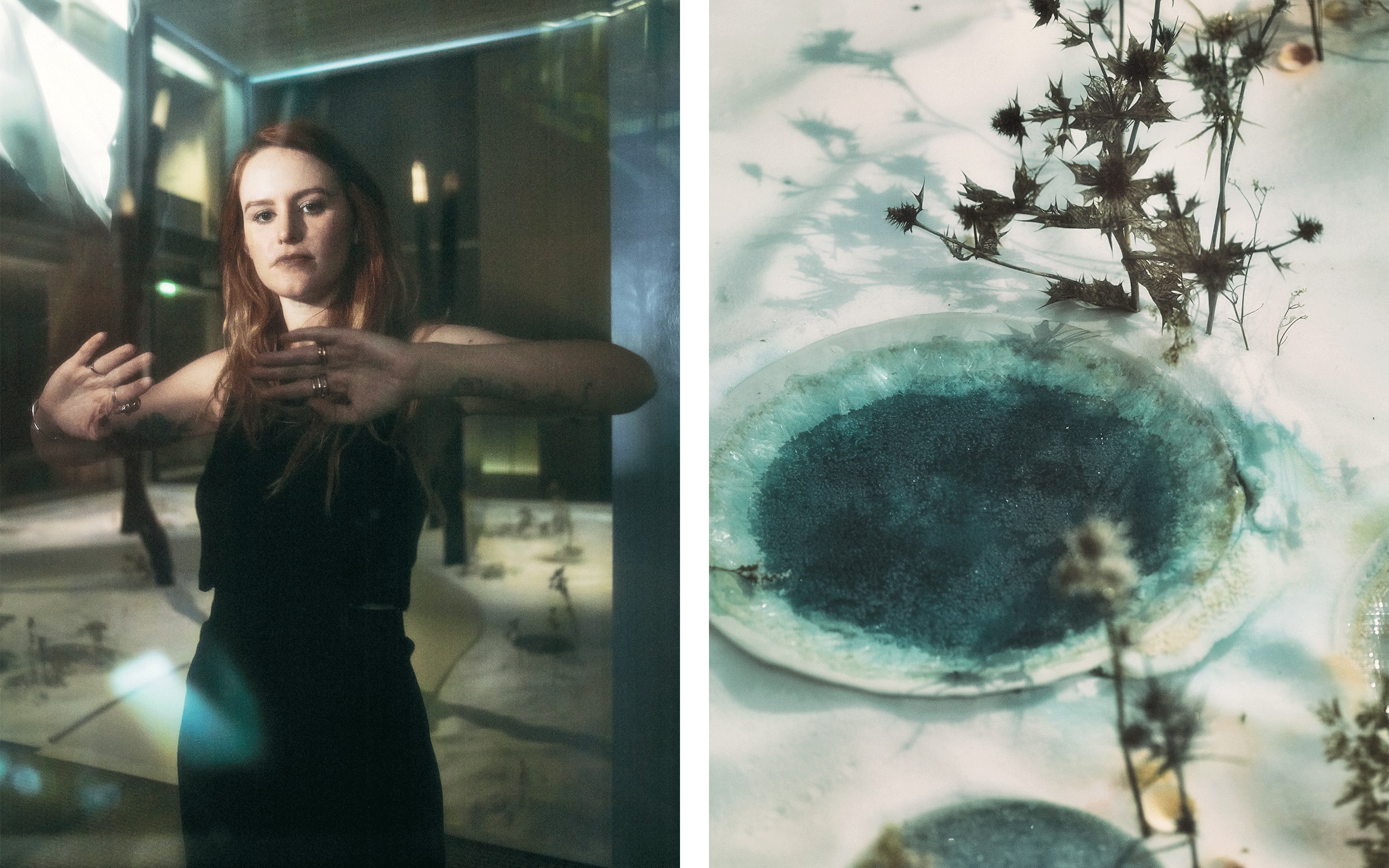 Left: Bianca Bondi in Lafayette Anticipations. Photograph by Douglas Irvine for Numéro art. Right: Installation view (detail) of Bianca Bondi’s artwork ‘Beltane Oracle’ (2022-2023) in the exhibition ‘Au-delà’ at Lafayette Anticipations, Paris, 2023. © Hudson Douglas Irvine