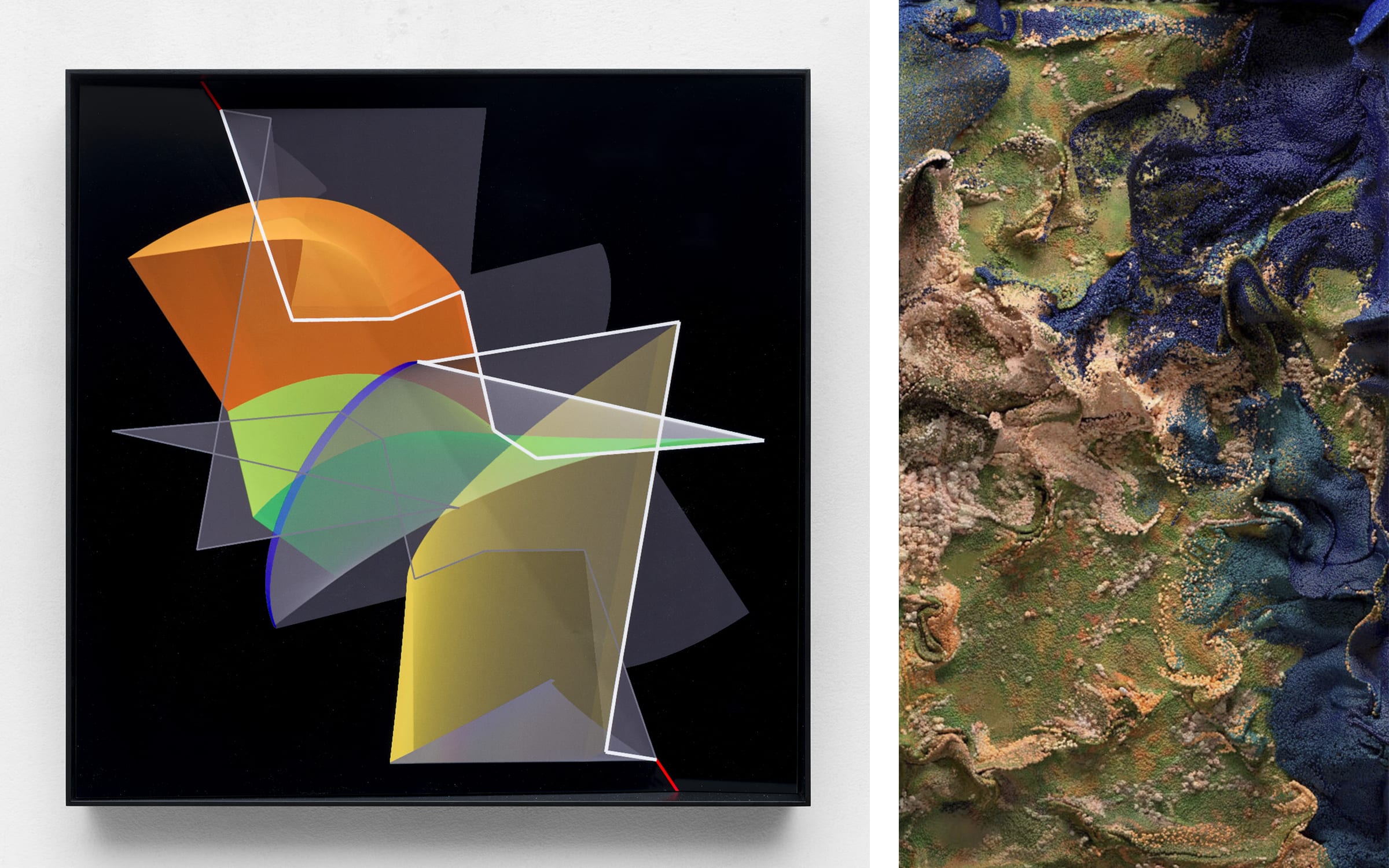 Left: Manfred Mohr, P3010_5, 2020-2021. Courtesy of the artist and bitforms gallery. Photograph by Emile Askey. Right: Refik Anadol, Machine Hallucinations - Satellite Simulations - A, 2023. Courtesy of the artist and bitforms gallery.