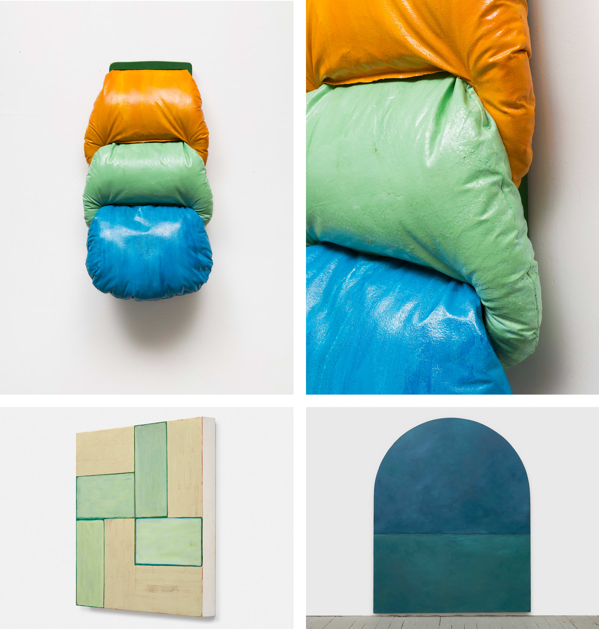 Top: Leda Catunda, Gomos (Segments), 2023. Bottom from left to right: Mary Obering, Rite, 1992 and Mary Obering, View from the Wreck, 1976.