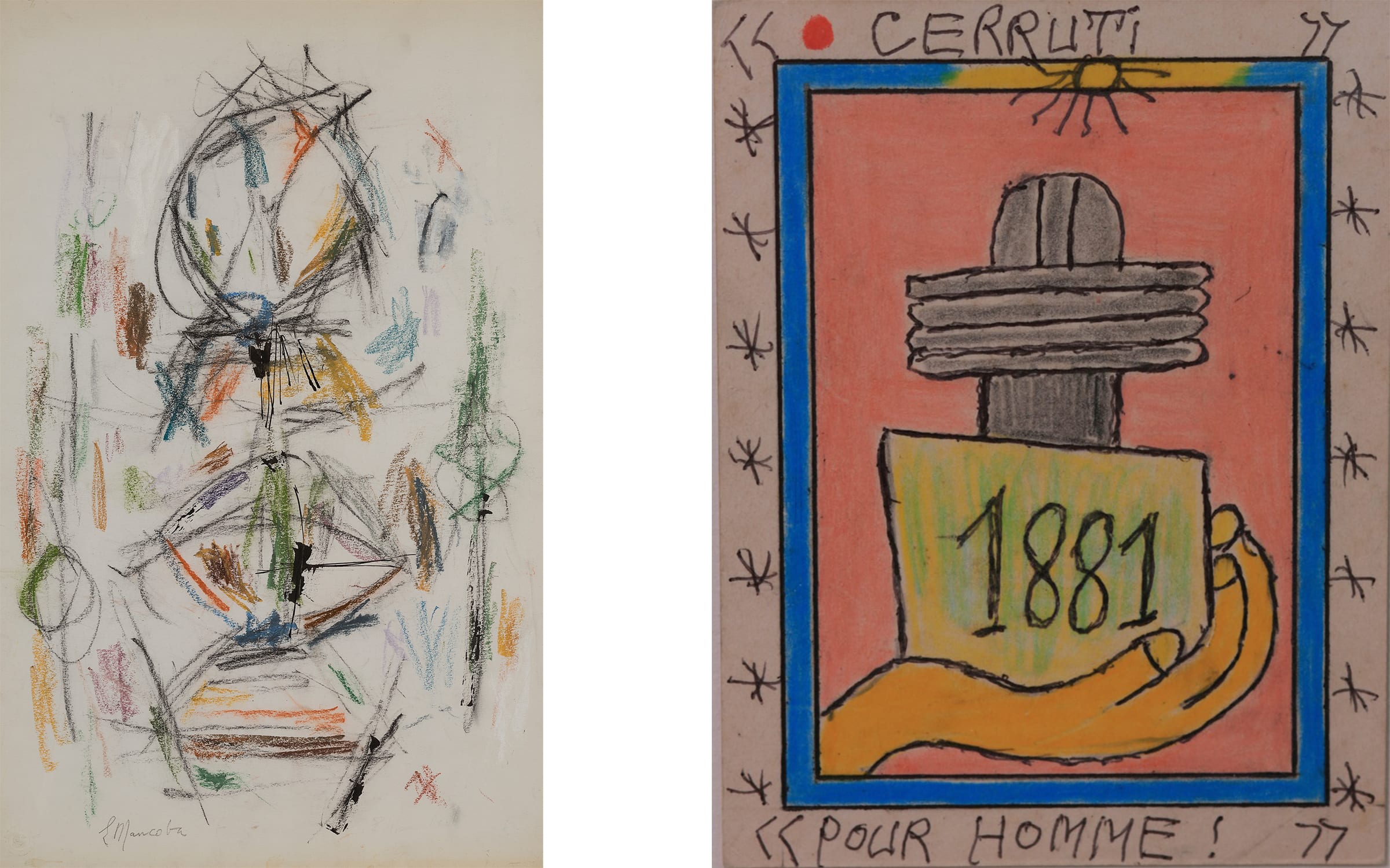 Left: Ernest Mancoba, Untitled (Man 007), Undated. Courtesy of the Artist and Stevenson, Amsterdam, Cape Town, and Johannesburg. Right: Frédéric Bruly Bouabré, Cerruti 1881, Undated. Courtesy of Heart Galerie, Paris.