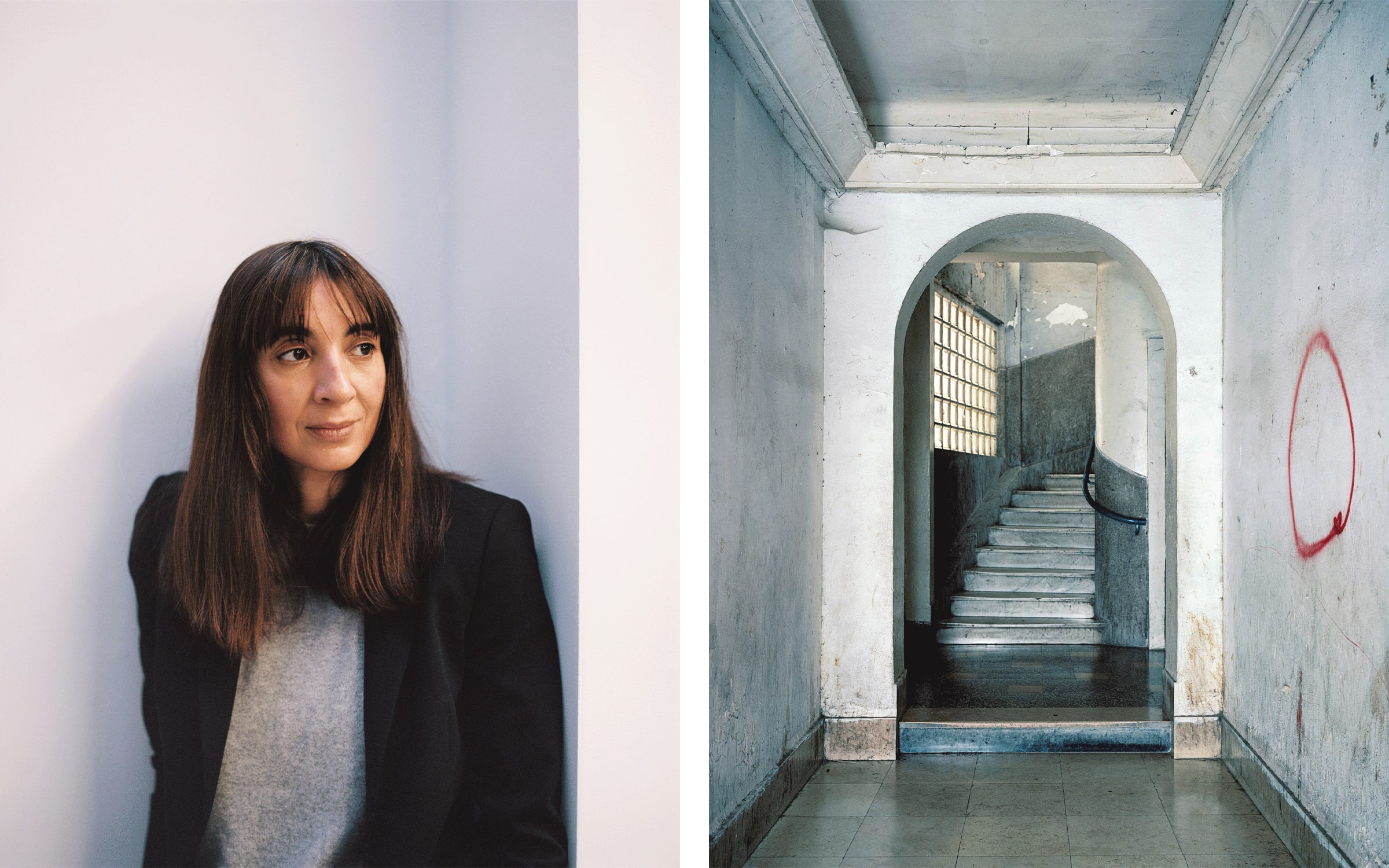 Left: Bouchra Khalili by Marion Berrin for Art Basel. Right: Bouchra Khalili, Headquarter of the FPLN representation (Portugese National Liberation Front), Meissonier area, 2015. Courtesy of the artist and mor charpentier.