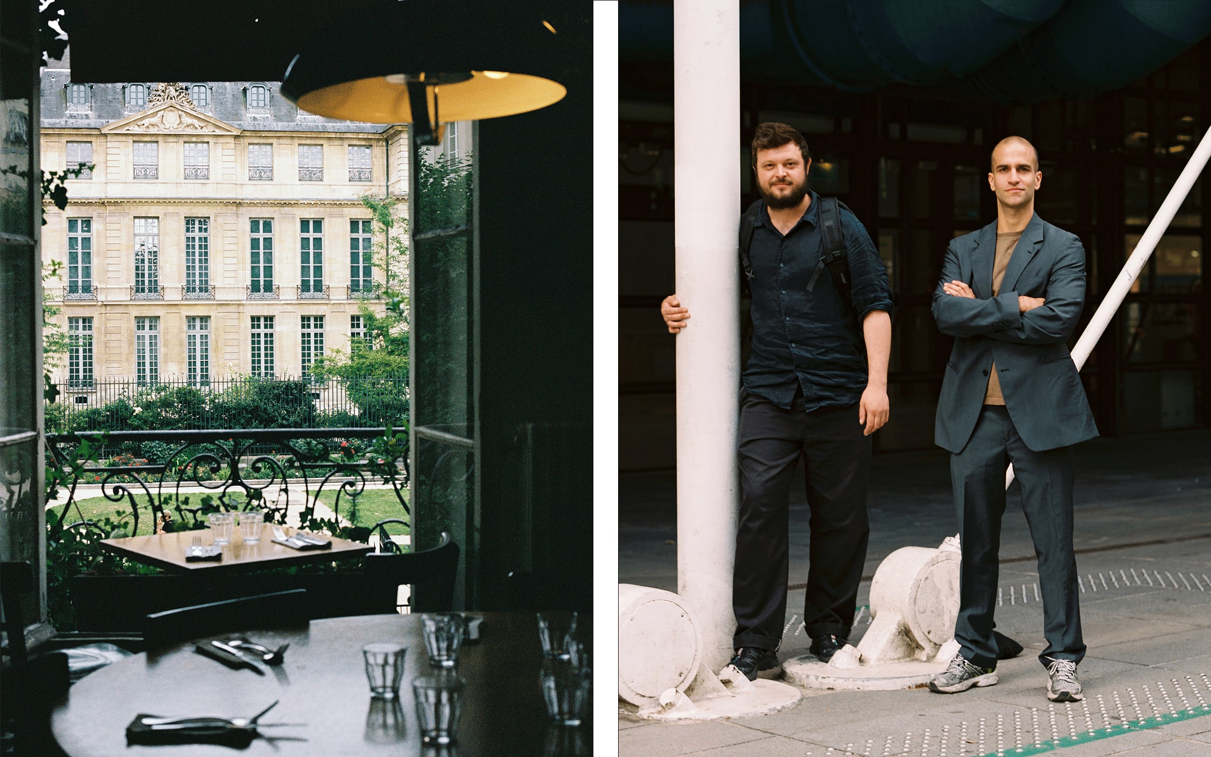 Left: Jardin du Musée national Picasso-Paris. Photograph by Aliki Christoforou for Paris+ par Art Basel. Right: Portrait of Charles Teyssou and Pierre-Alexandre Mateos. Photograph by Marion Berrin for Art Basel.