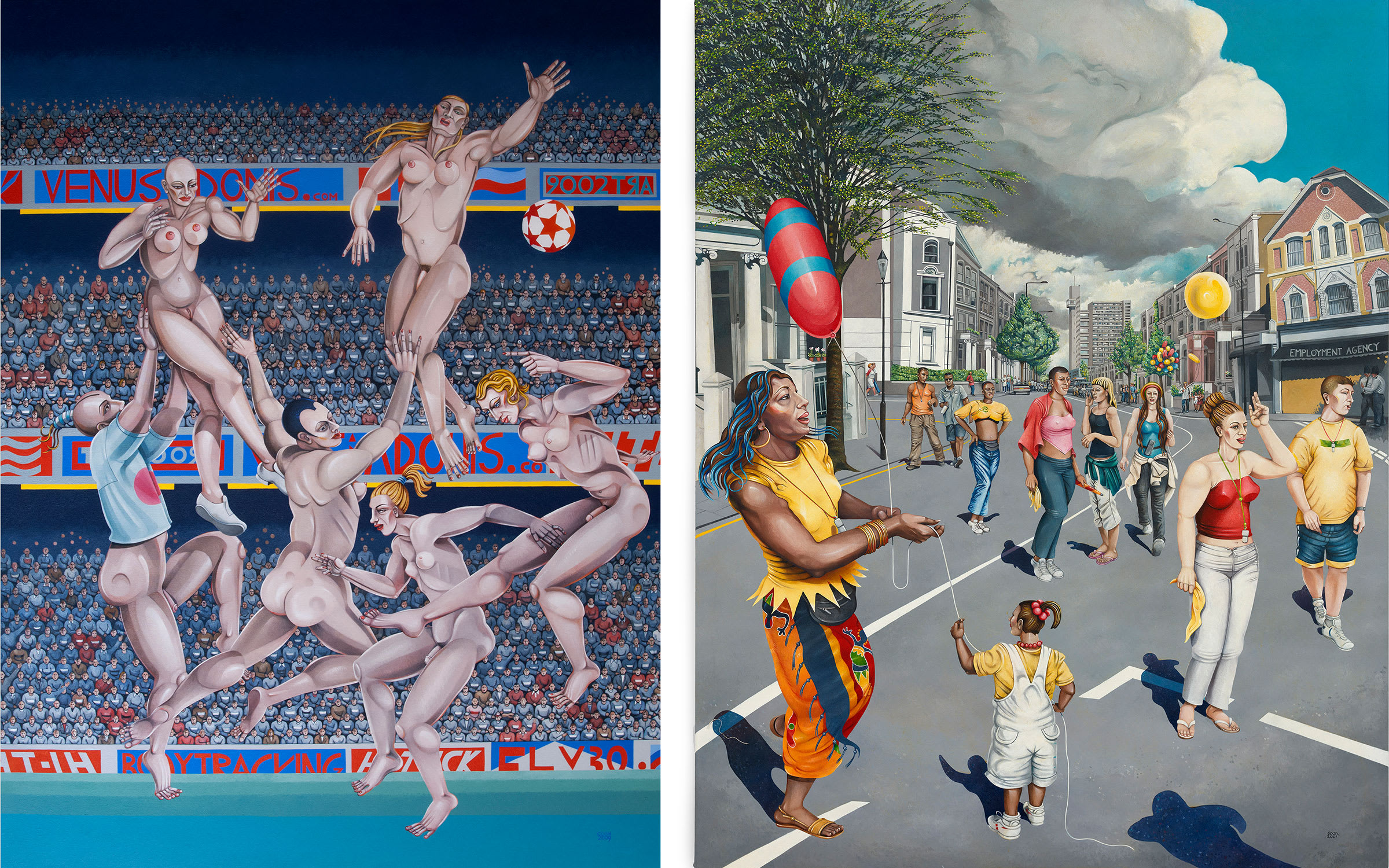 Left: Caroline Coon, A Sweet Lob from 25 Yards, 2009. Photo by Todd-White Art Photography. Courtesy of the artist and Stephen Friedman Gallery. Right: Caroline Coon, Carnival: Sunday Morning, August 26th 2000, 2001. Photo by Todd-White Art Photography. Courtesy of the artist and Stephen Friedman Gallery. 