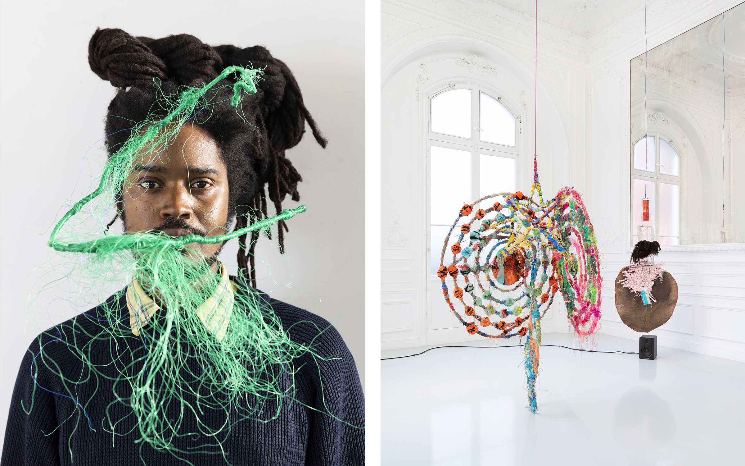 Left: Portrait of Julien Creuzet © Virginie Ribaut. Courtesy of the artist and High Art. Right: Julien Creuzet, Les Possédées de Pigalle ou la Tragédie du Roi Christophe, 2023. Courtesy of the artist and High Art.