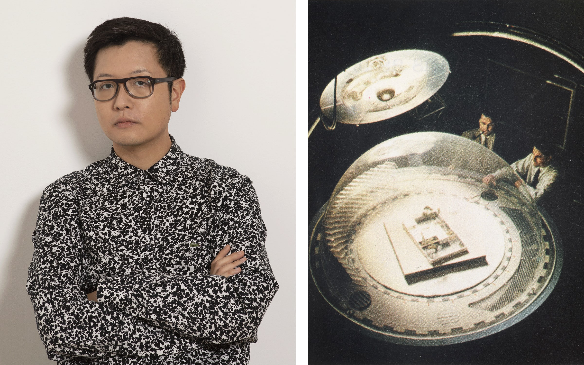 Left: Carson Chan © 2021 The Museum of Modern Art, New York. Photo by Peter Ross. Right: Aladar Olgyay (Hungarian, 1910 – 1963) and Victor Olgyay (Hungarian, 1910 – 1970). Thermoheliodon. 1955–56. The Olgyay brothers with their Thermoheliodon device at the Princeton Architectural Laboratory, Princeton, New Jersey. From Collier’s, October 26, 1956. Photograph: Guy Gillette.