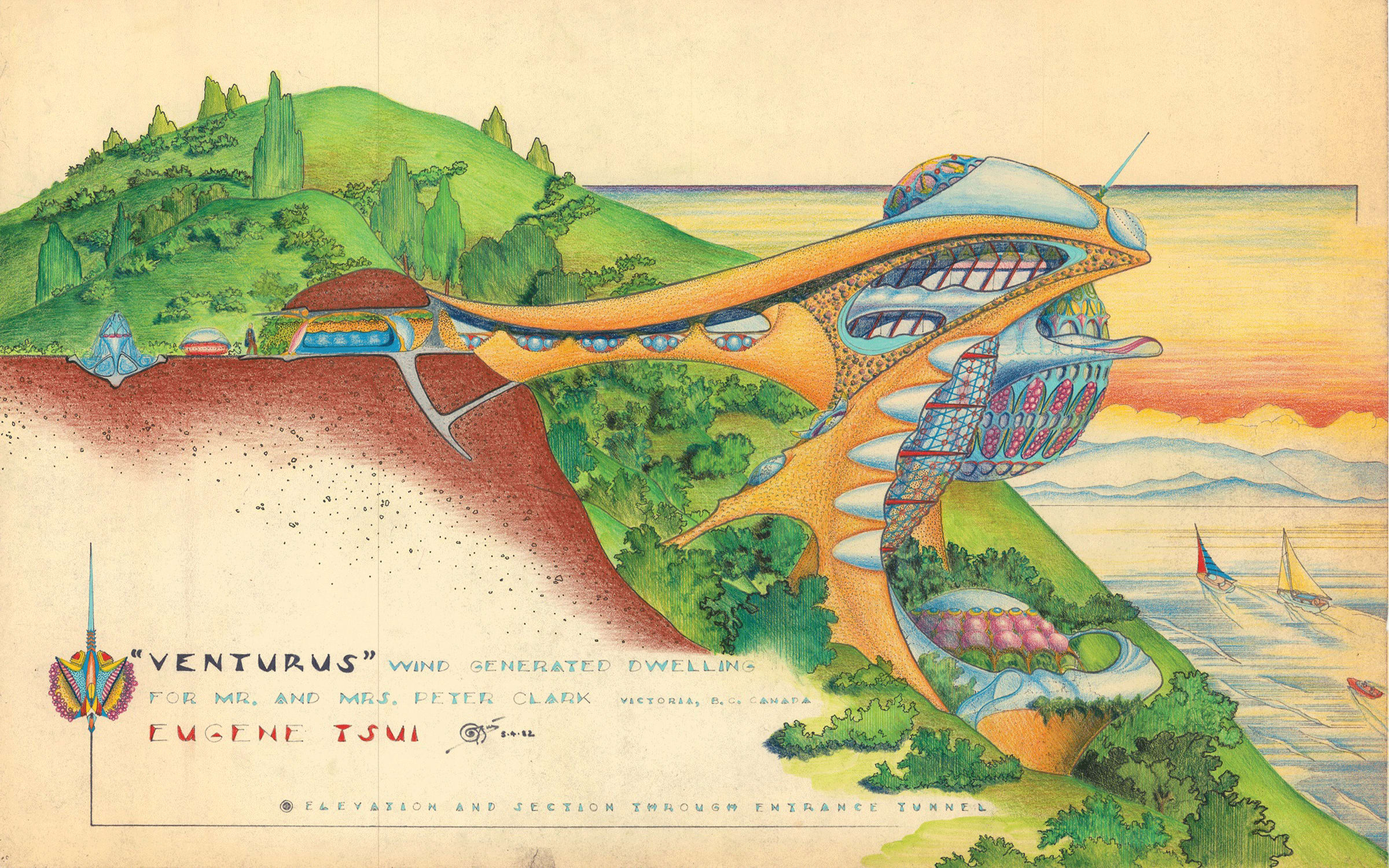 Eugene Tssui, Venturus,1982. Wind-generated dwelling for Mr. and Mrs. Peter Cook, Victoria, BC, Canada. Project, 1982. Elevation and section through entrance tunnel. Watercolor, Prismacolor pencil, pastel chalk, and colored ink on paper, 21 × 32″ (53.3 × 81.3 cm). Collection Eugene Tssui.