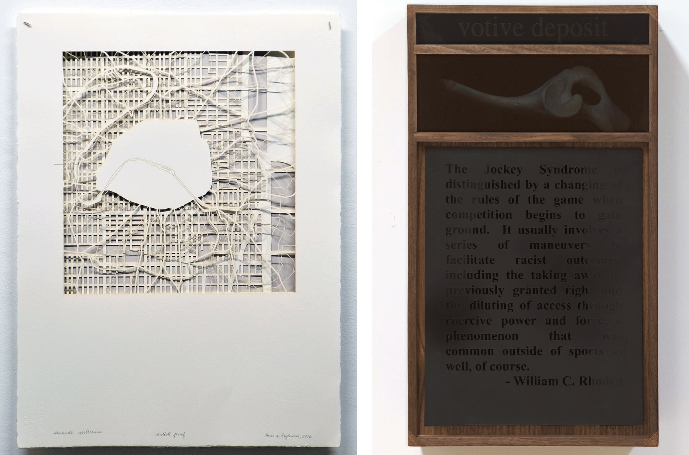 Left: Amanda Williams, Paris is Englewood, 2016. Courtesy of the artist and Sarr Collection. Right: Nate Young, Votive Deposit, 2019. Courtesy of the artist and Sarr Collection.