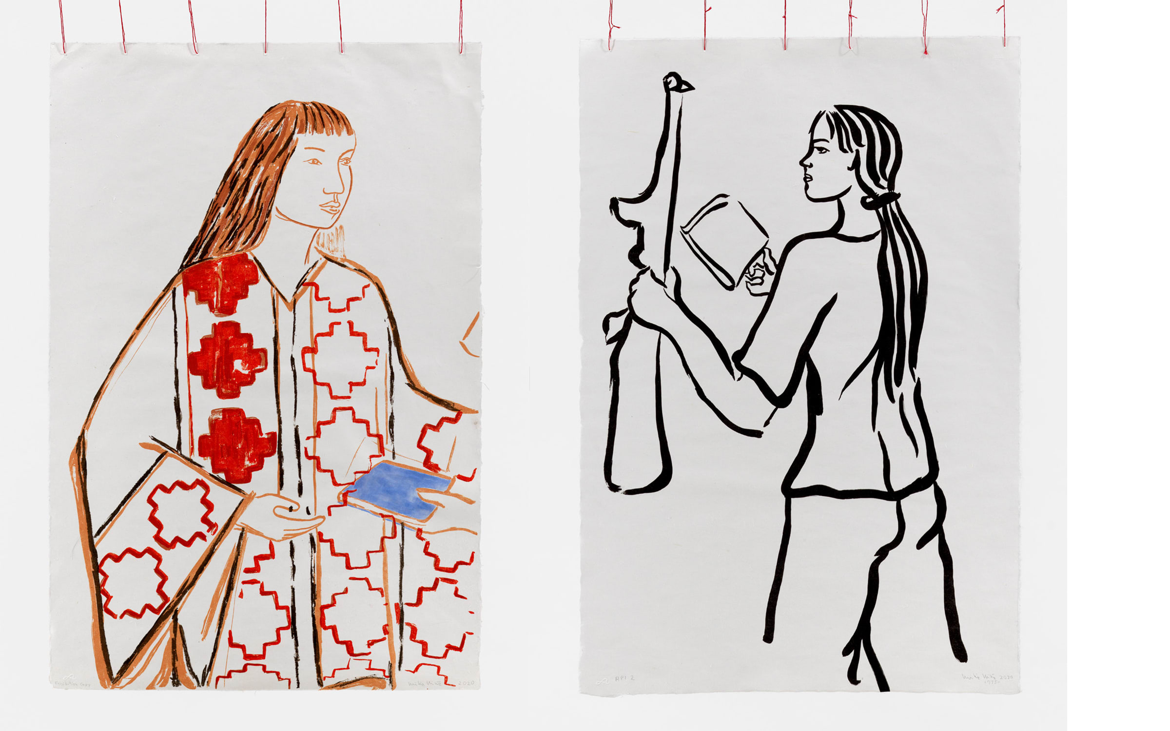 Left: Cecilia Vicuña, Niña Mapuche, 1975-2021. Right: Girl with Book and Gun, 1975-2021. Courtesy of the artist and Lehmann Maupin, New York City, Hong Kong, Seoul, and London.