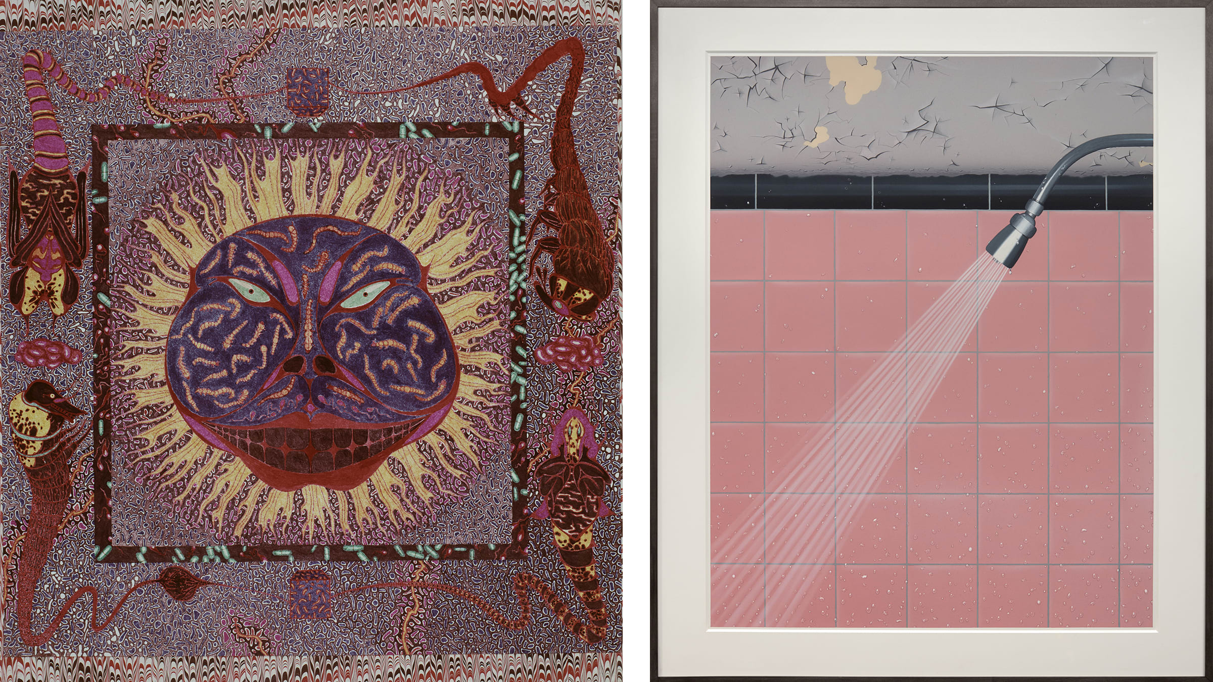 左：鄭慶和，《Sun Drawing》，1970，圖片由惠特尼美術館提供；右：鄭慶和，《Waterfall, Chelsea Hotel, New York》，1978