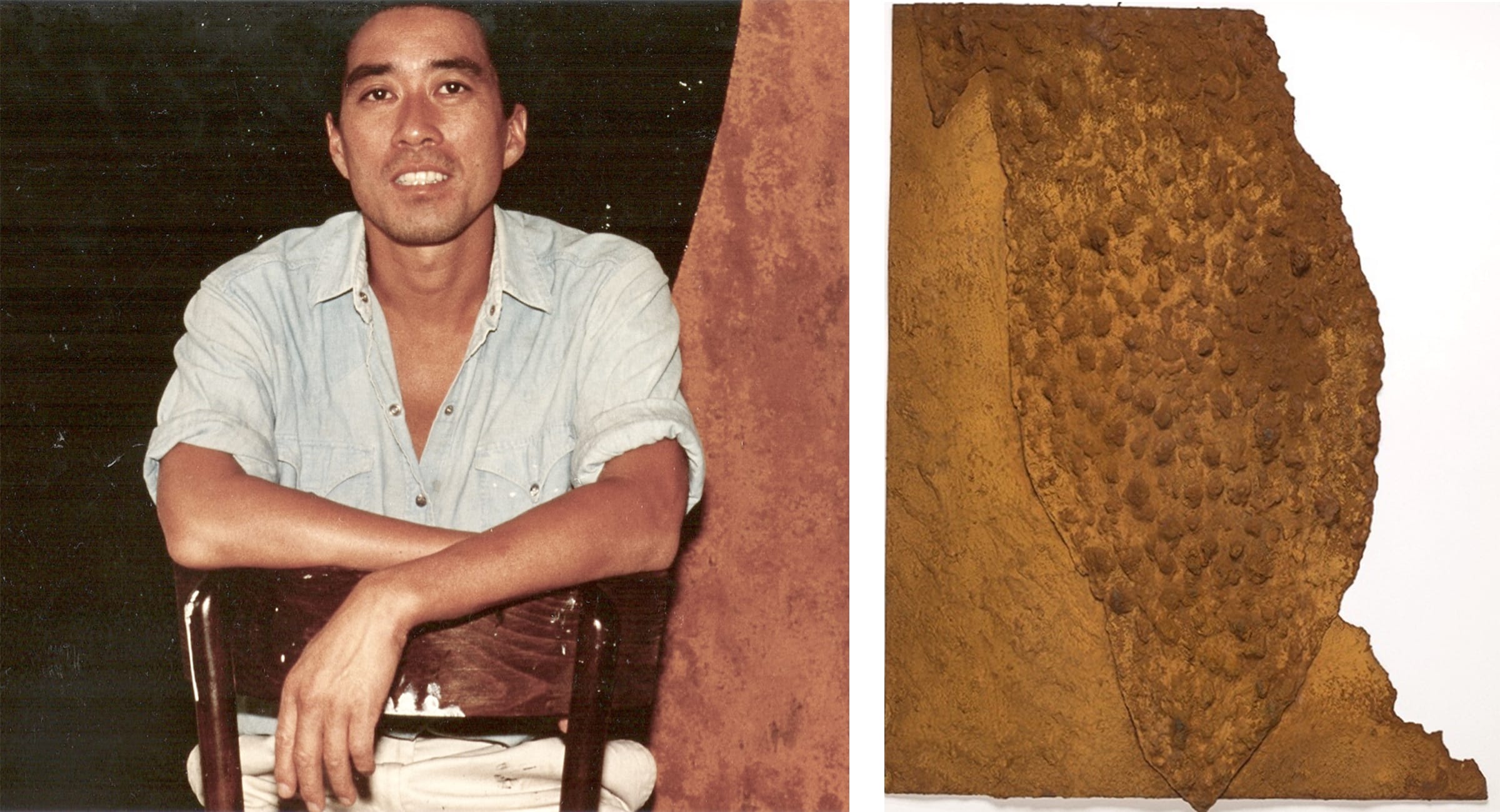 Left: Ching Ho Cheng in front of his alchemical work, Hotel Chelsea, 1988. Photograph by Rita Barros. Right: Ching Ho Cheng, Untitled, 1987. Detroit Institute.