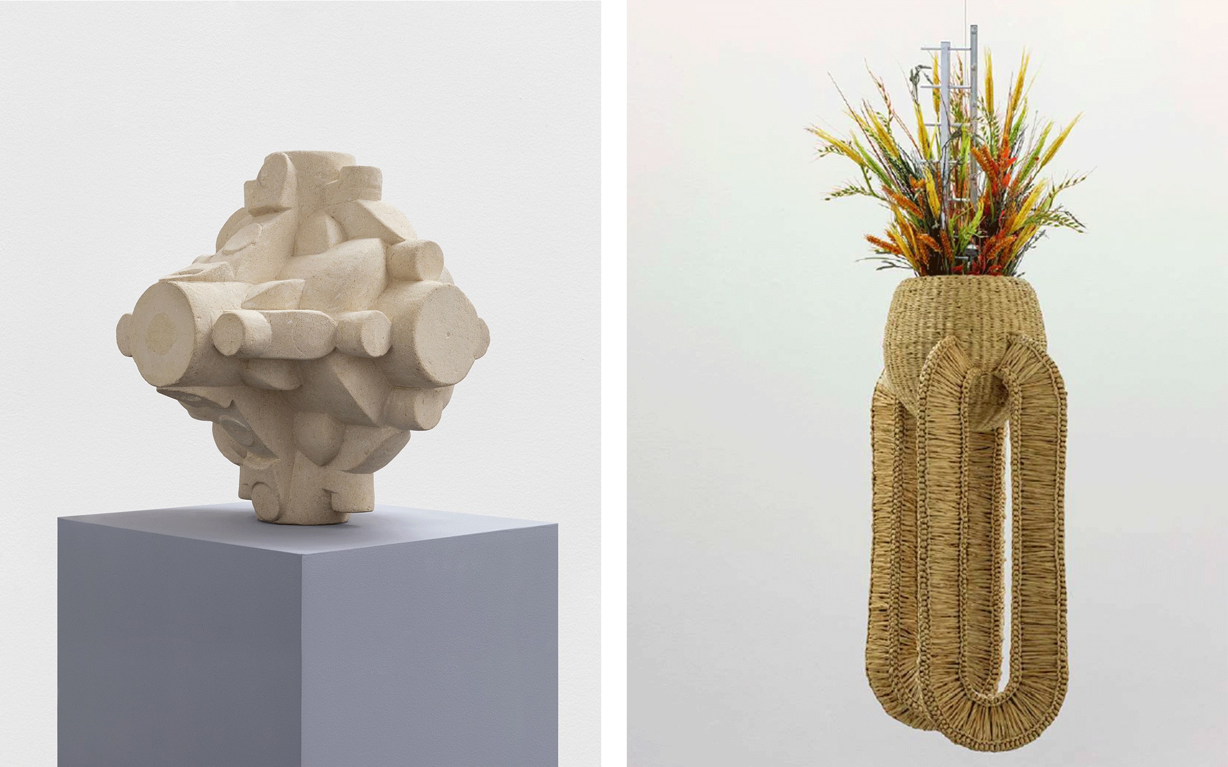 Left: Gabriel Orozco, Dé Fruit, 2017. Courtesy of the artist. Right: Haegue Yang, The Intermediate – Antenna Basket on Rings, 2017. Courtesy of the artist and kurimanzutto, Mexico City / New York.