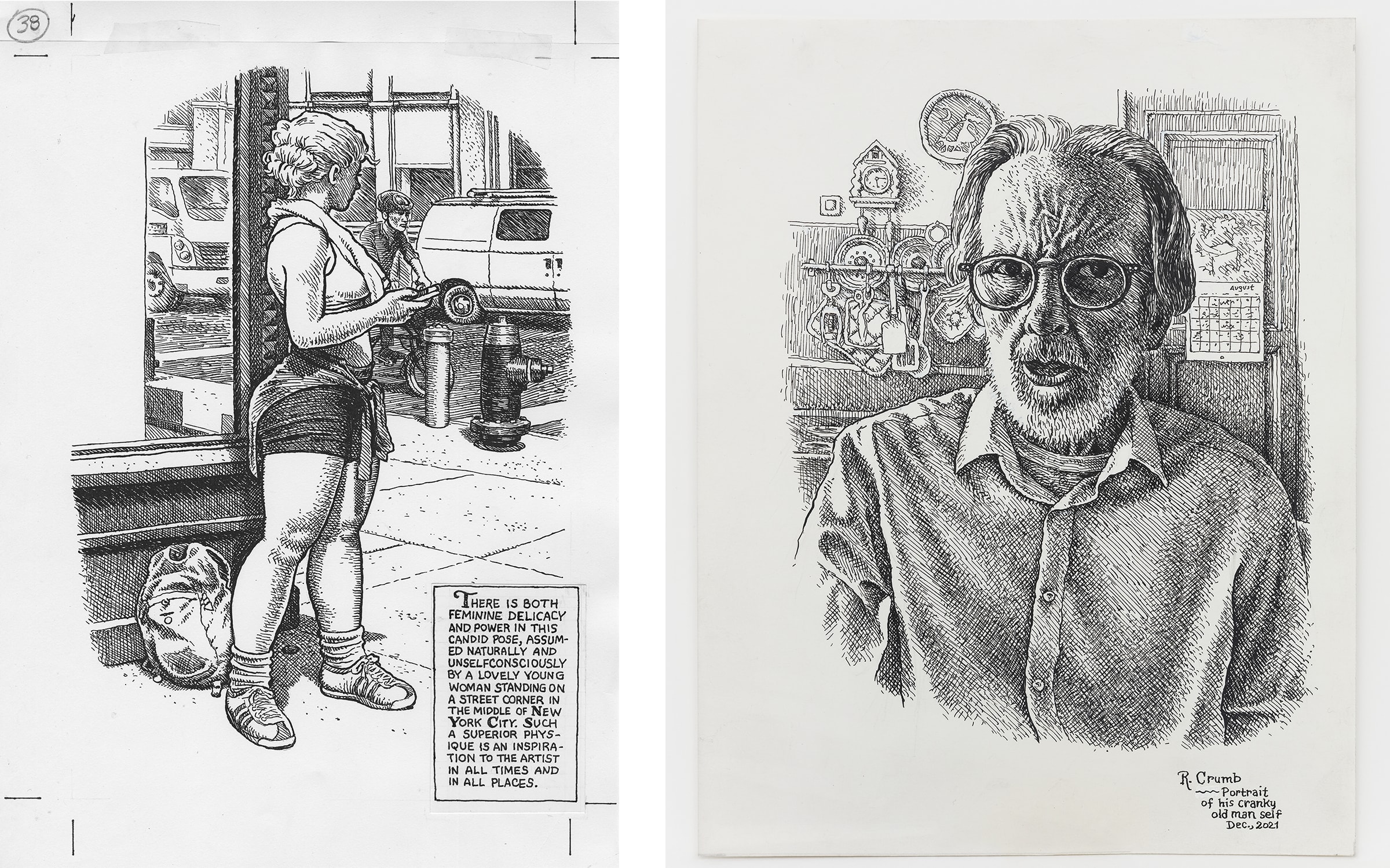 Works by Robert Crumb. Left: Untitled, 2014. Page from “Art & Beauty Magazine, Number 3,” 2016. © Robert Crumb, 2014. Right: Portrait of His Cranky Old Man Self, 2021. © Robert Crumb, 2021. Courtesy the artist, Paul Morris, and David Zwirner.