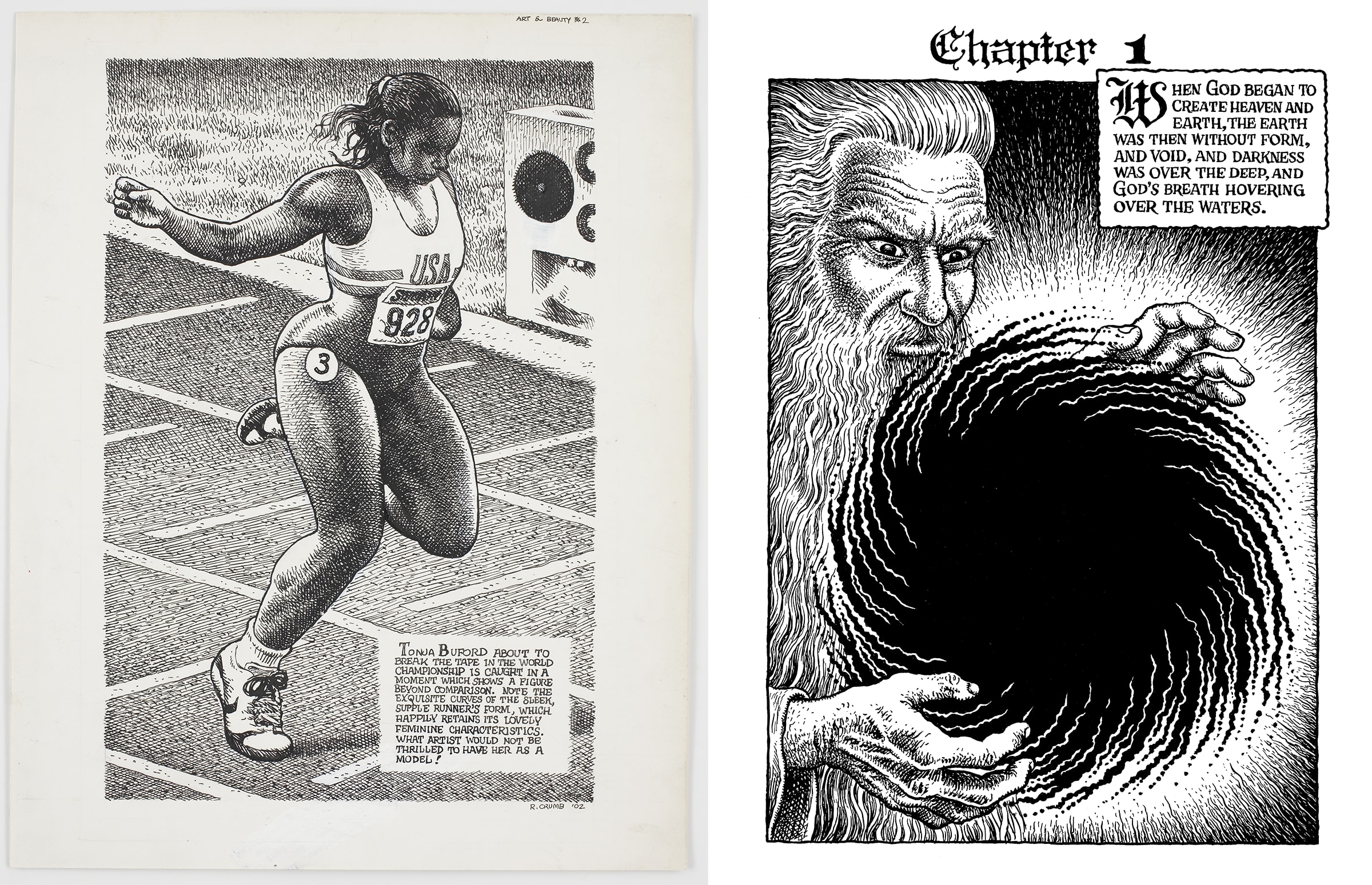 Works by Robert Crumb. Left: Untitled, 2002. Page from “Art & Beauty Magazine, Number 2,” 2003. © Robert Crumb, 2002. Right: The Book of Genesis Illustrated by R. Crumb, 2009. © Robert Crumb, 2009. Courtesy the artist, Paul Morris, and David Zwirner.