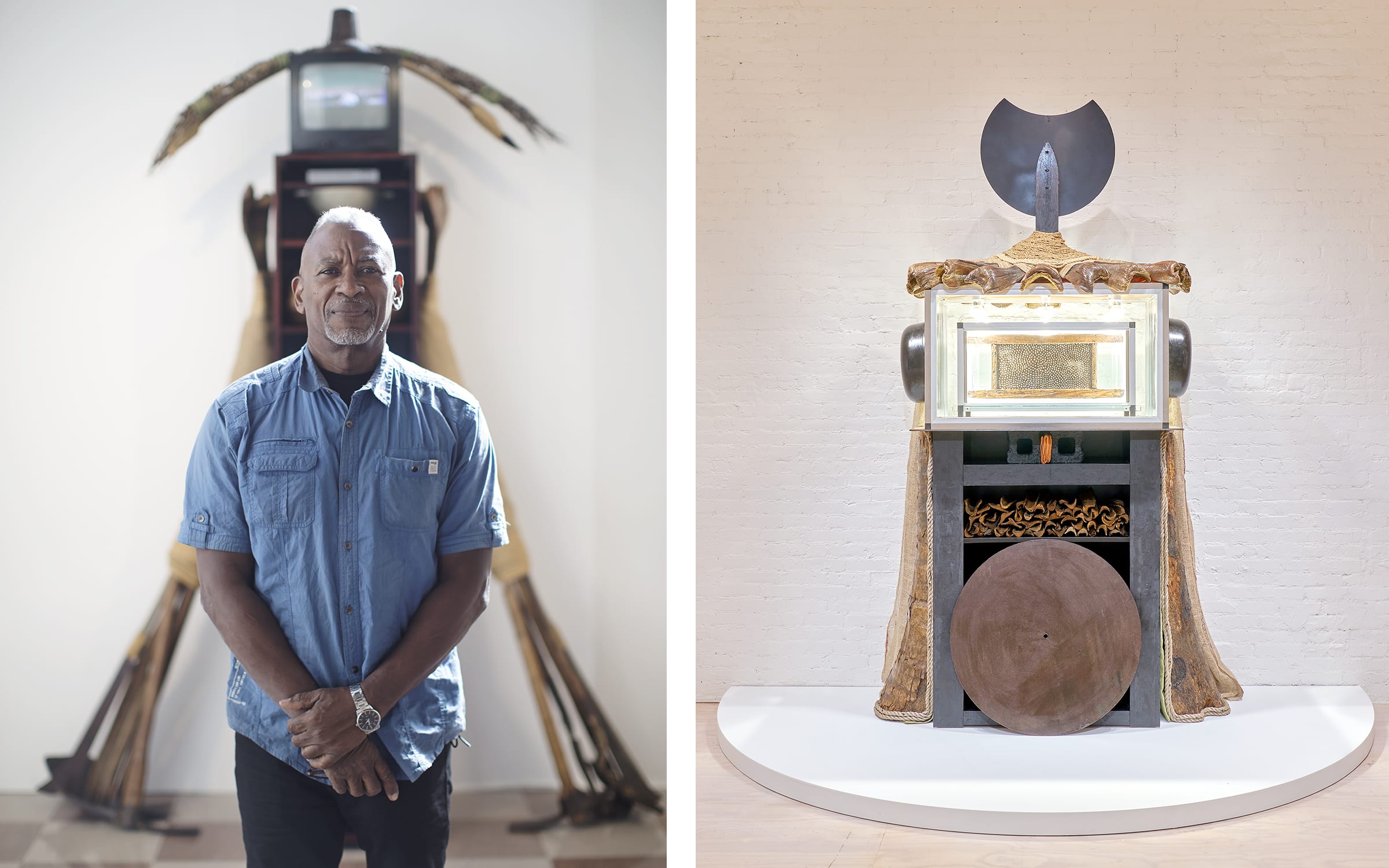 Left: Photograph by Raquel Pérez Púig. Right: Figura Emisaria, 2020. Exhibition view of "SUSTENANCE " at The Ranch in 2021.