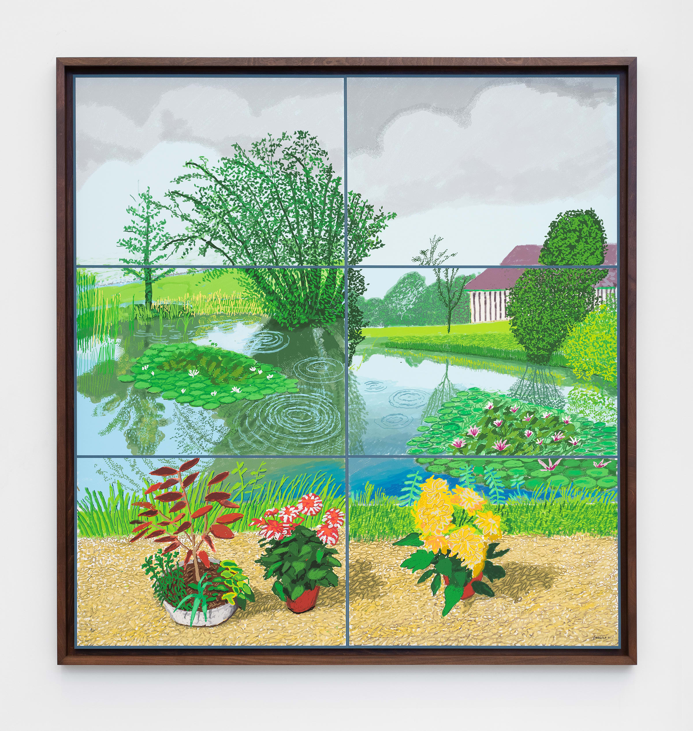 David Hockney, 10th–22nd June 2021, Water Lilies in the Pond with Pots of Flowers, 8th–22nd June 2021, 2021. © David Hockney.