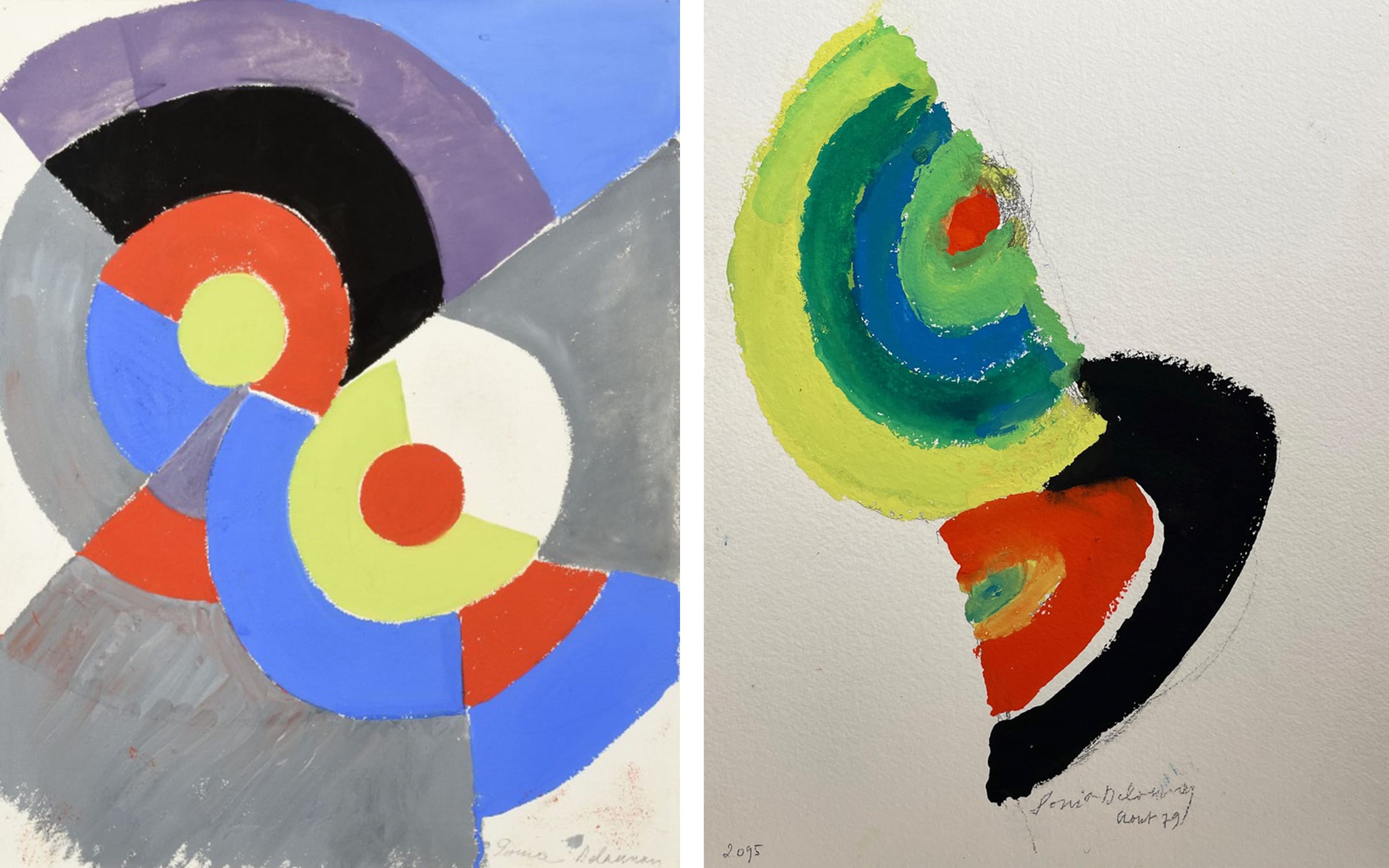 Left: Rythme, 1961. Right: Couleur, 1979. Both artworks by Sonia Delaunay. Copyright : Pracusa 20210319. Courtesy Galerie Zlotowski.